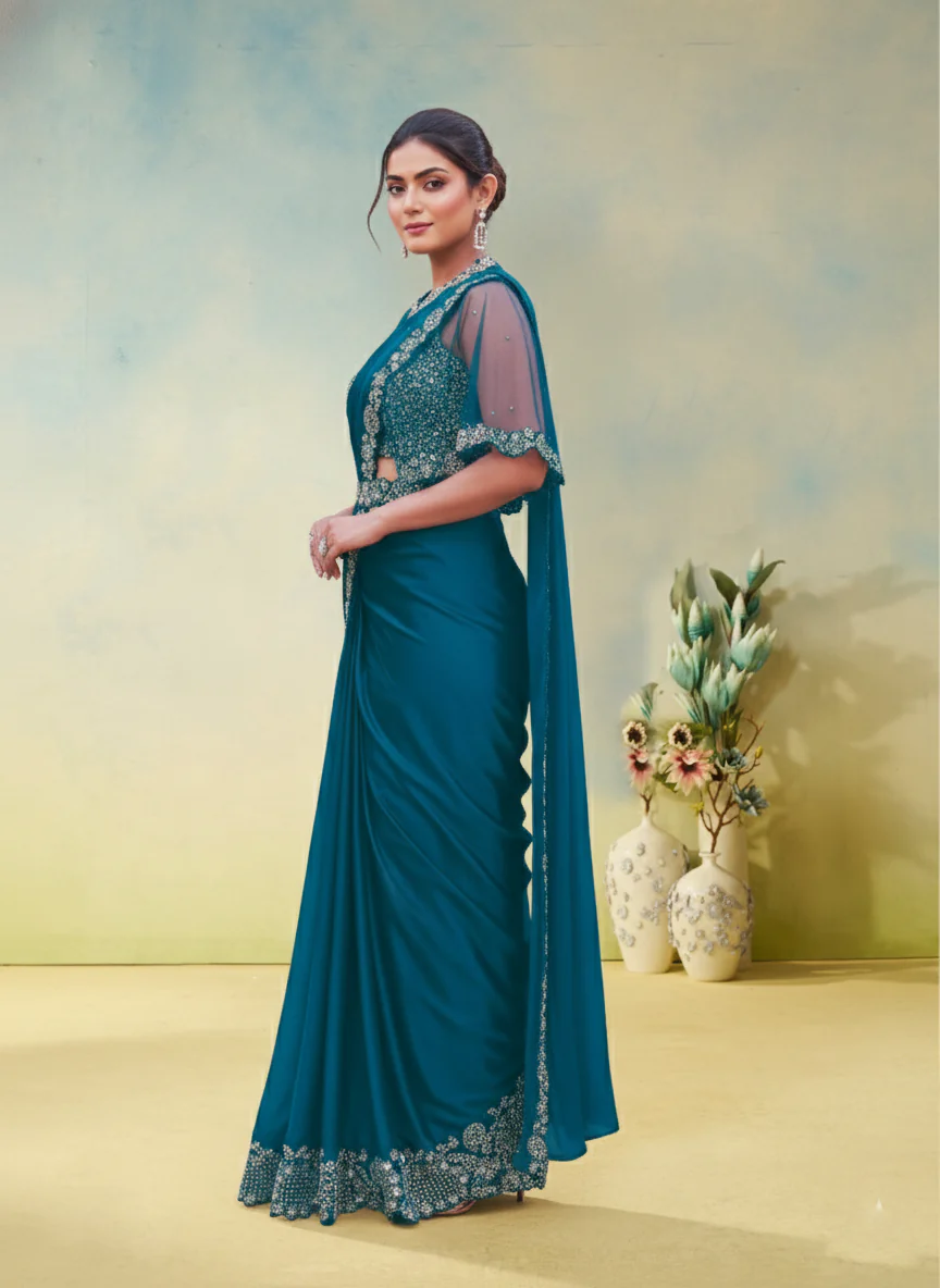 Sapphire Embellished Crepe Satin Silk Draped Saree - Image 5