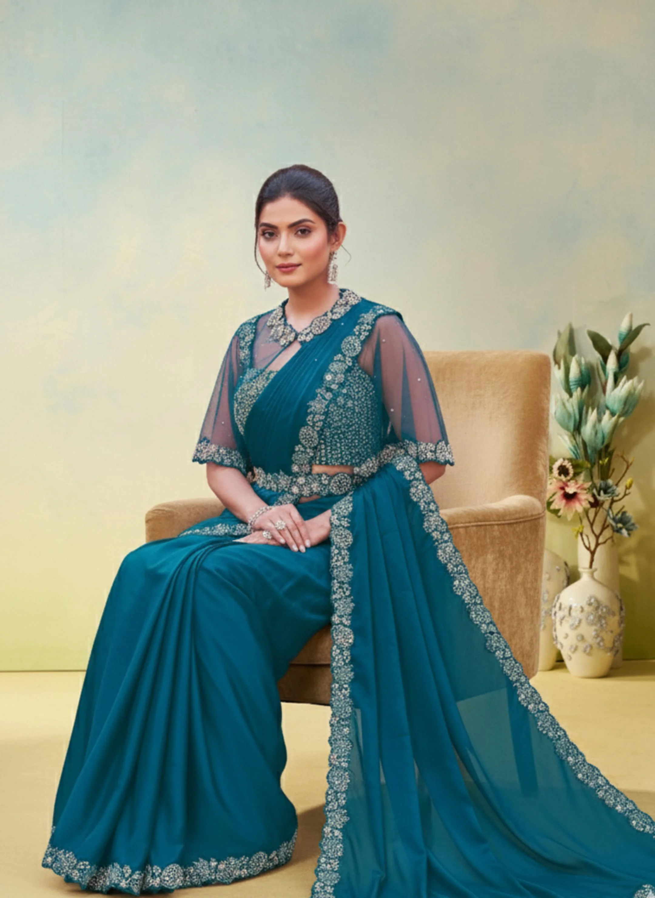 Sapphire Embellished Crepe Satin Silk Draped Saree - Image 6