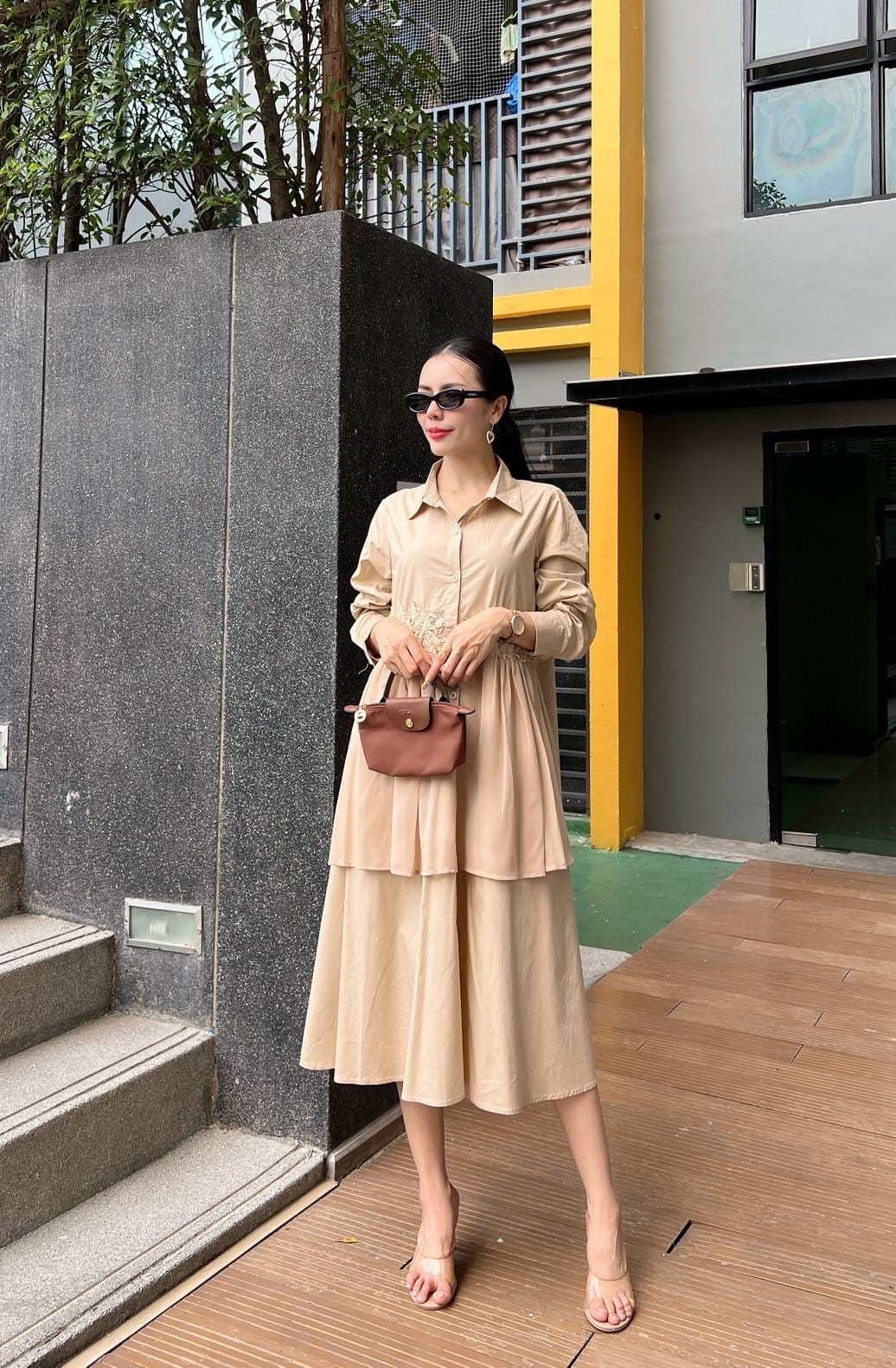 Beige Embroidered Two-Tier Cotton Shirt Dress