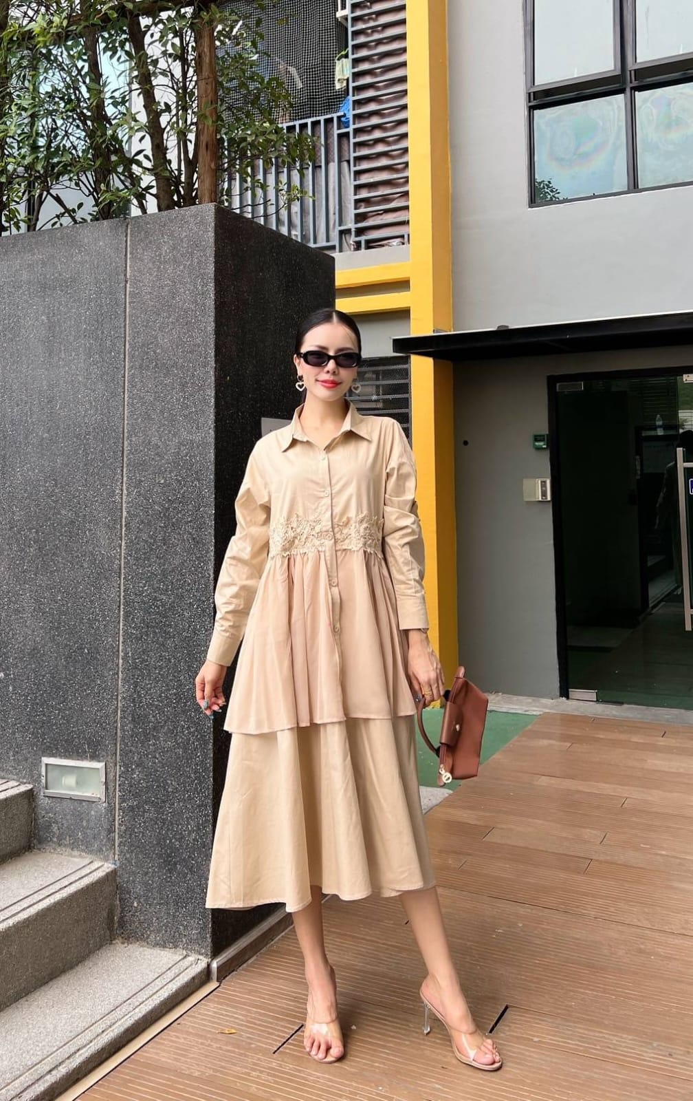 Beige Embroidered Two-Tier Cotton Shirt Dress - Image 2