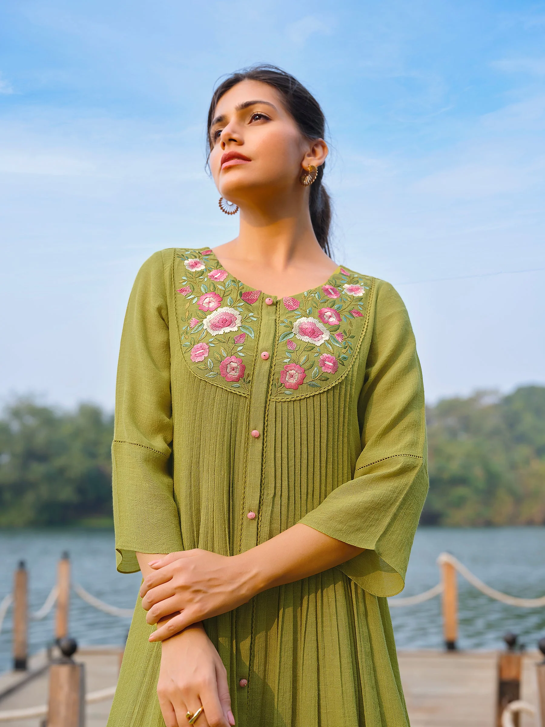 Moss Green Floral Embroidered Viscose Silk Dress - Image 2