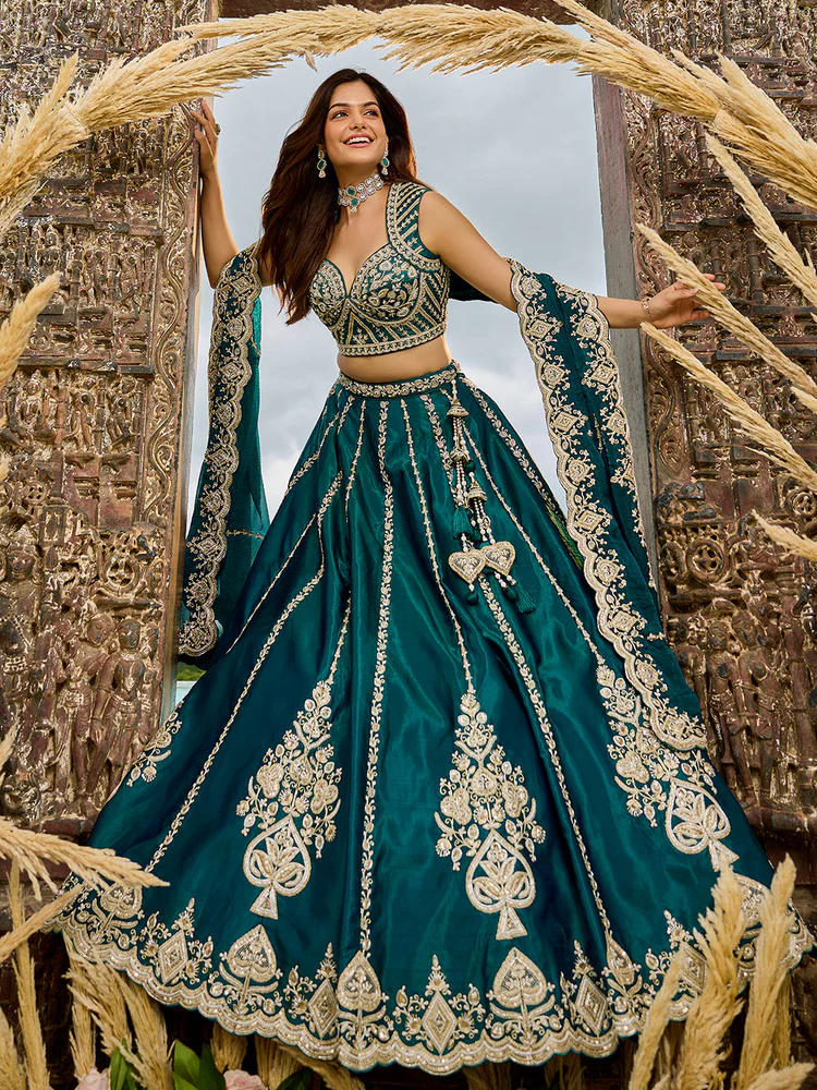 Dark Teal Embellished Premium Silk Lehenga Set - Image 3