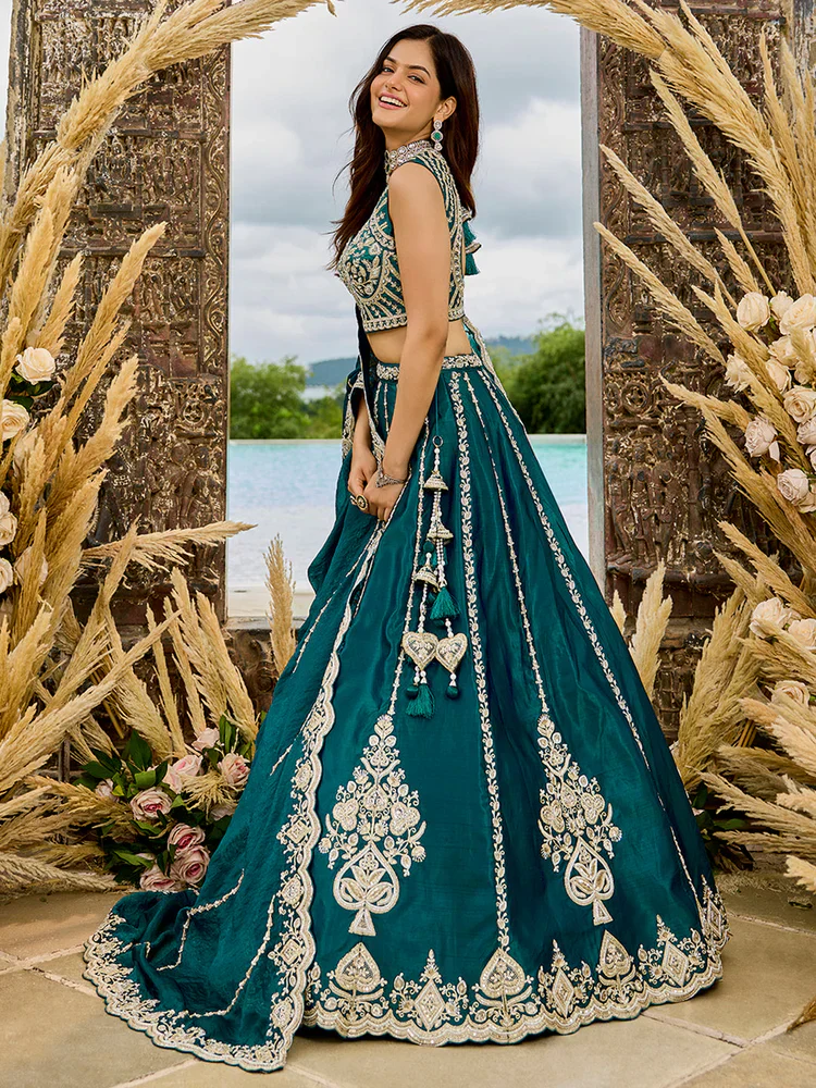 Dark Teal Embellished Premium Silk Lehenga Set - Image 4