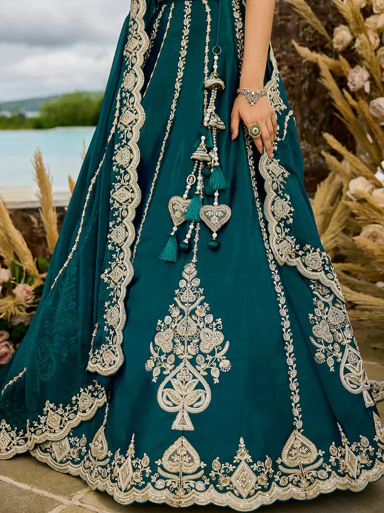 Dark Teal Embellished Premium Silk Lehenga Set - Image 5