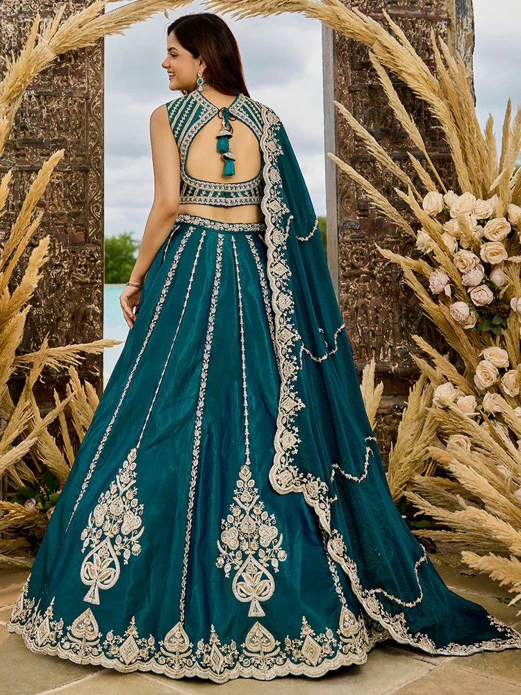 Dark Teal Embellished Premium Silk Lehenga Set - Image 6