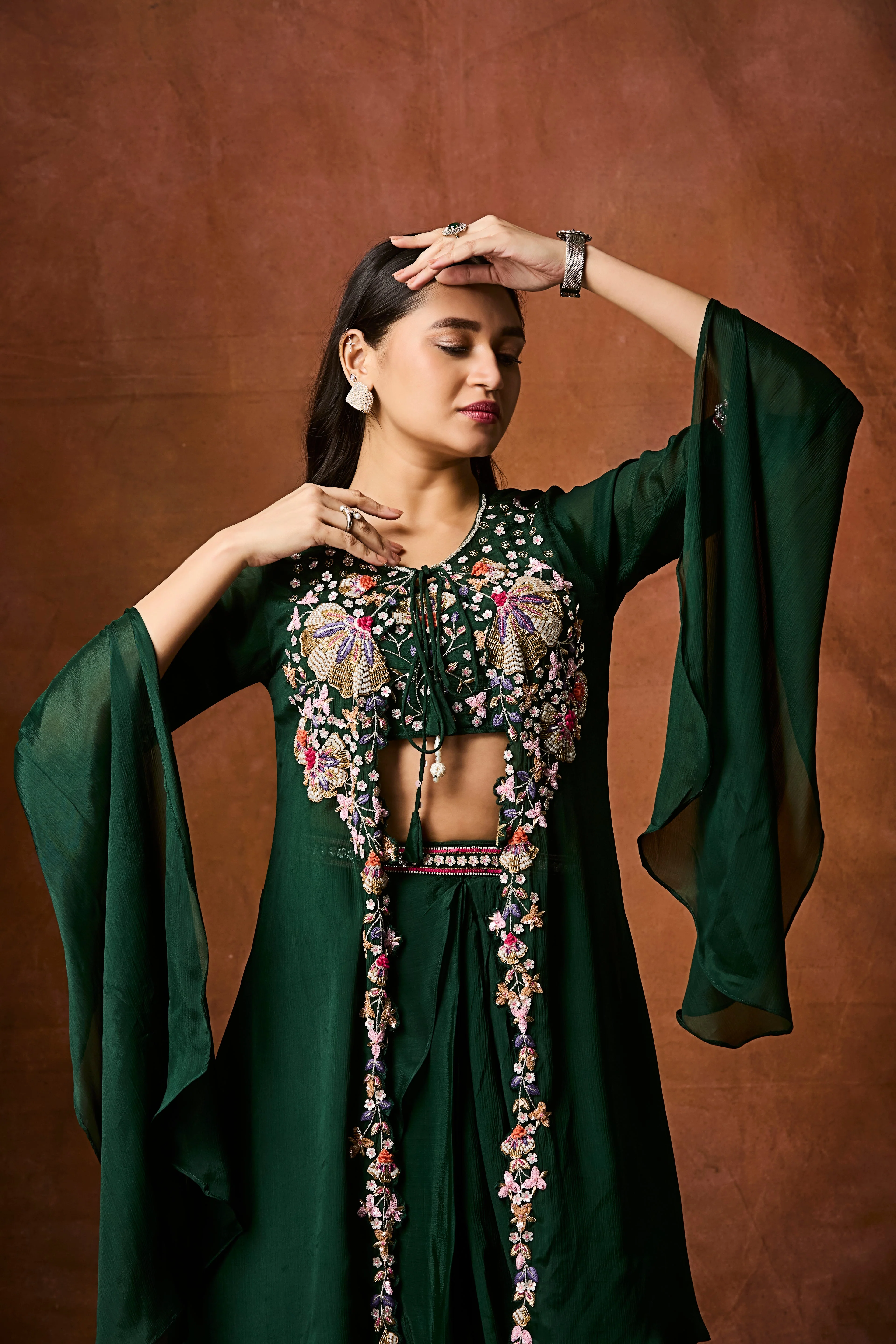 Emerald Green Embellished Chinon Silk Drape Skirt Set - Image 2