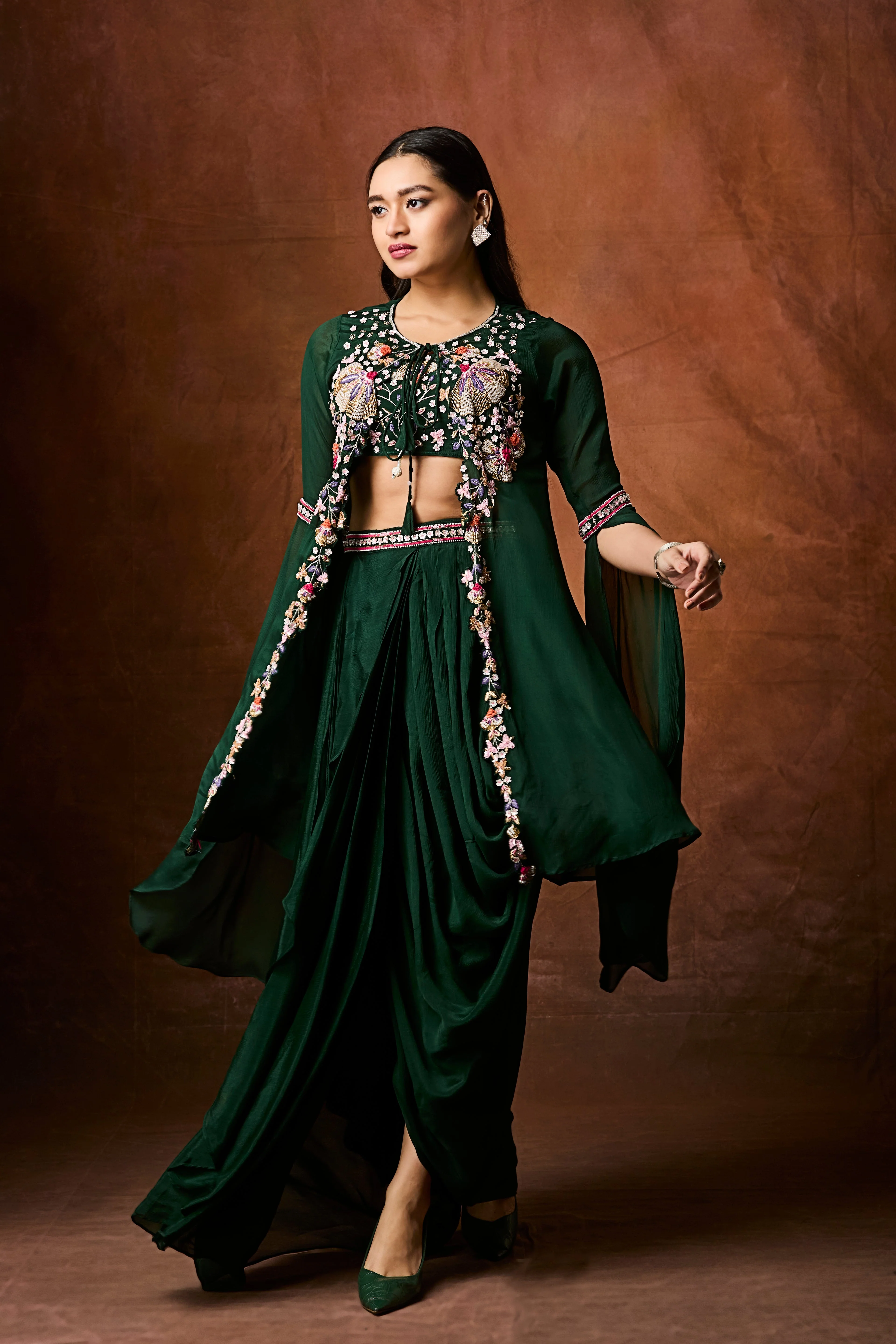 Emerald Green Embellished Chinon Silk Drape Skirt Set - Image 3