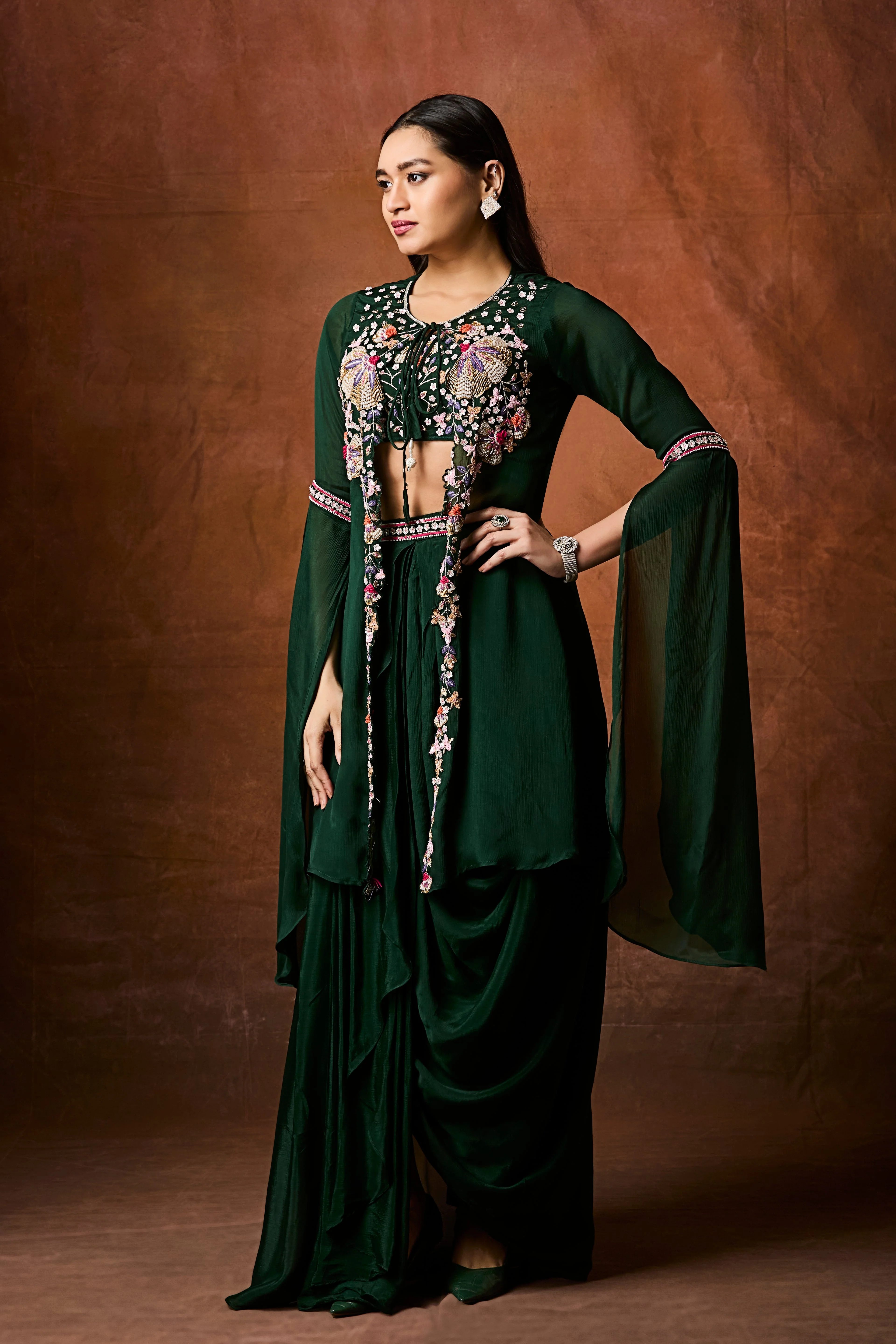 Emerald Green Embellished Chinon Silk Drape Skirt Set - Image 4