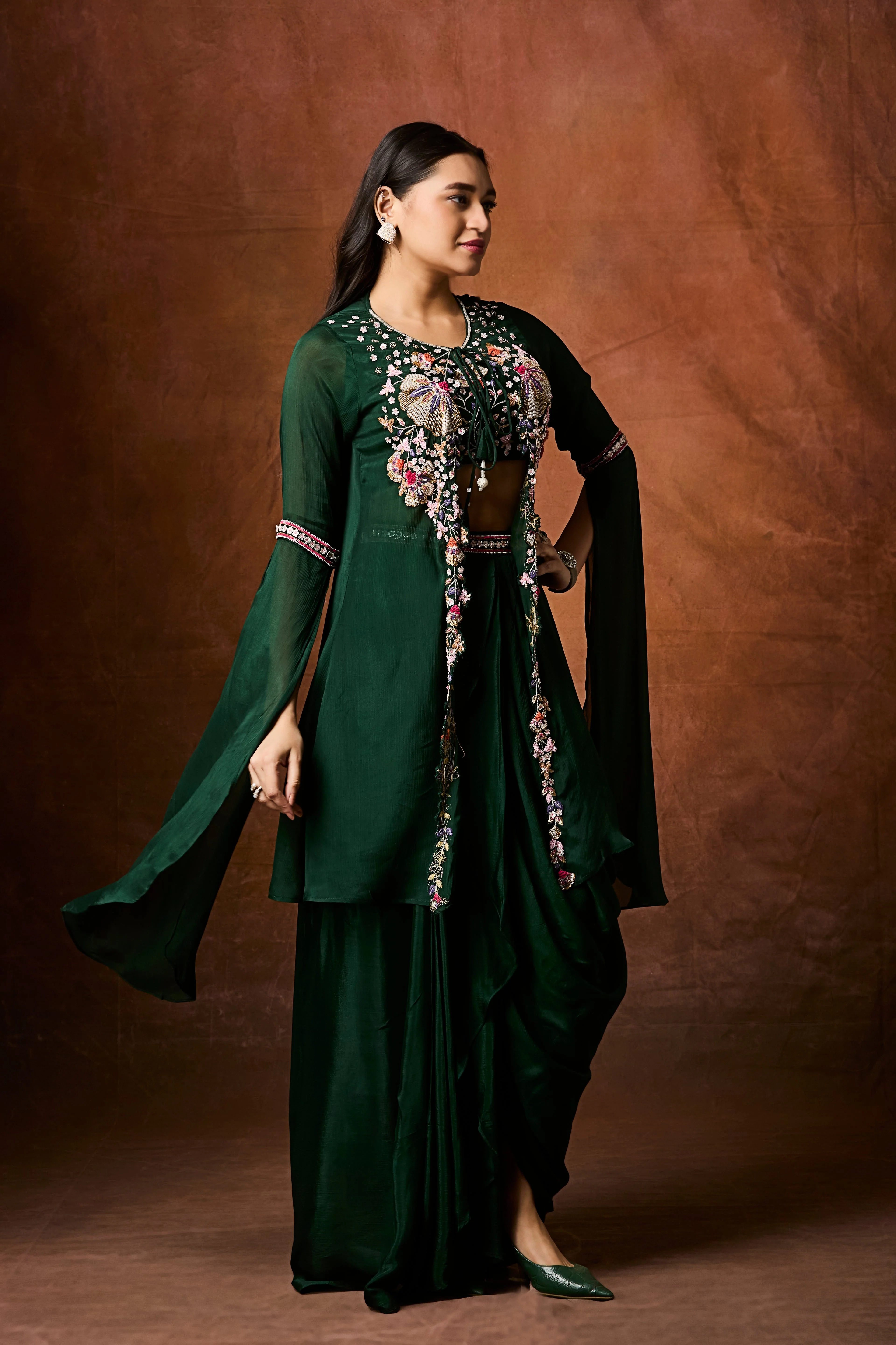 Emerald Green Embellished Chinon Silk Drape Skirt Set - Image 5
