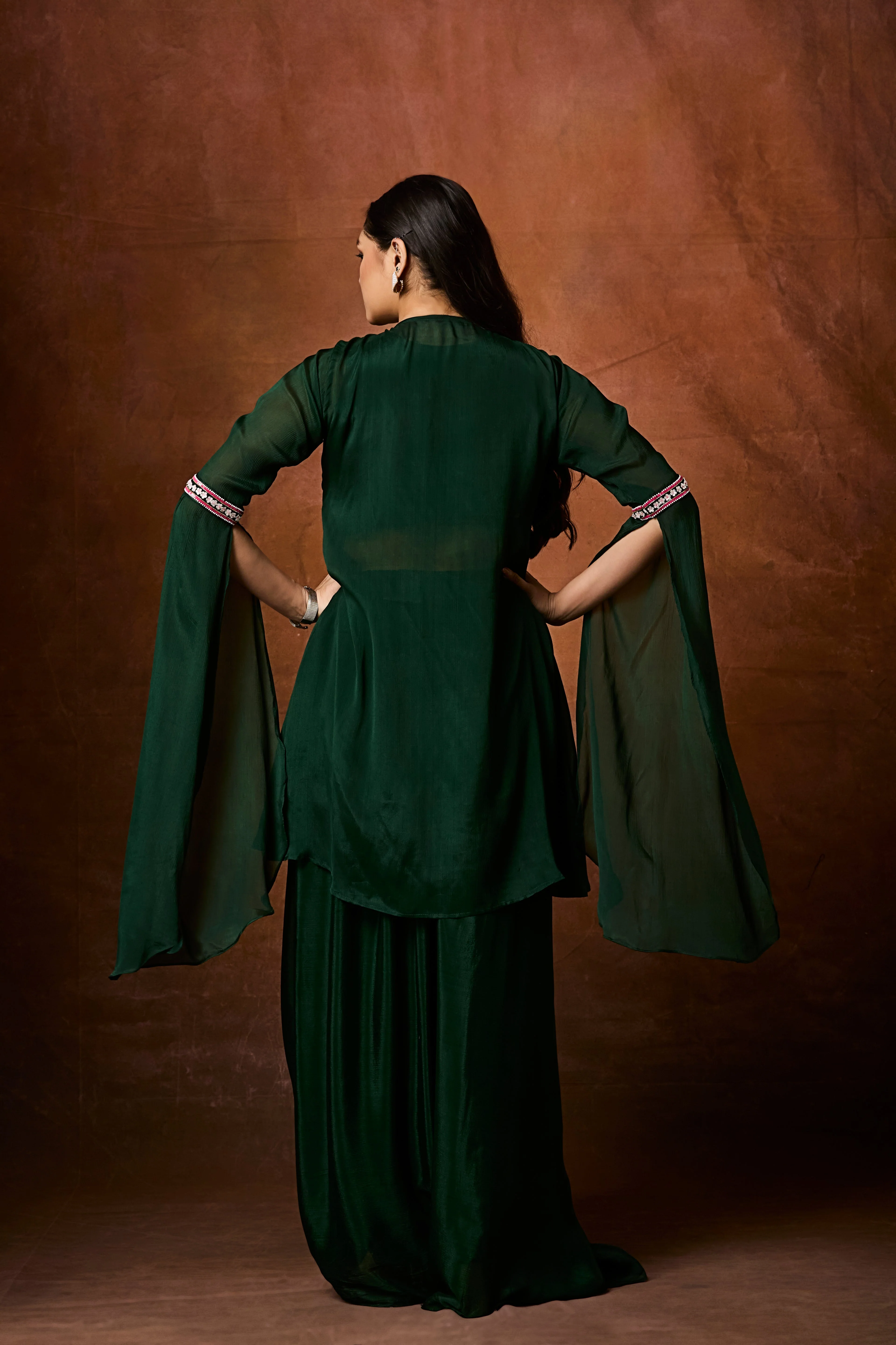 Emerald Green Embellished Chinon Silk Drape Skirt Set - Image 6