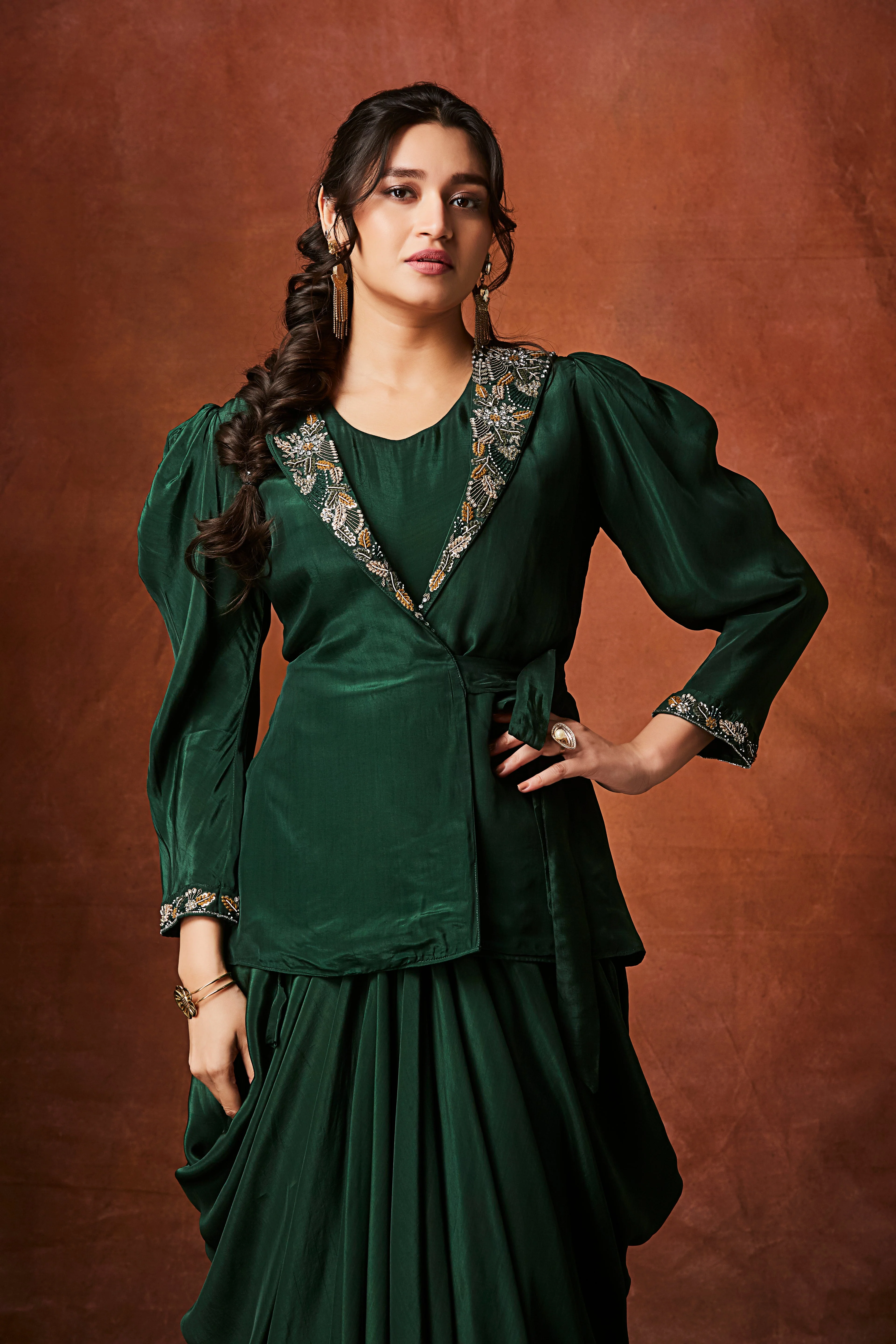 Emerald Green Embellished Crepe Silk Skirt Set - Image 2