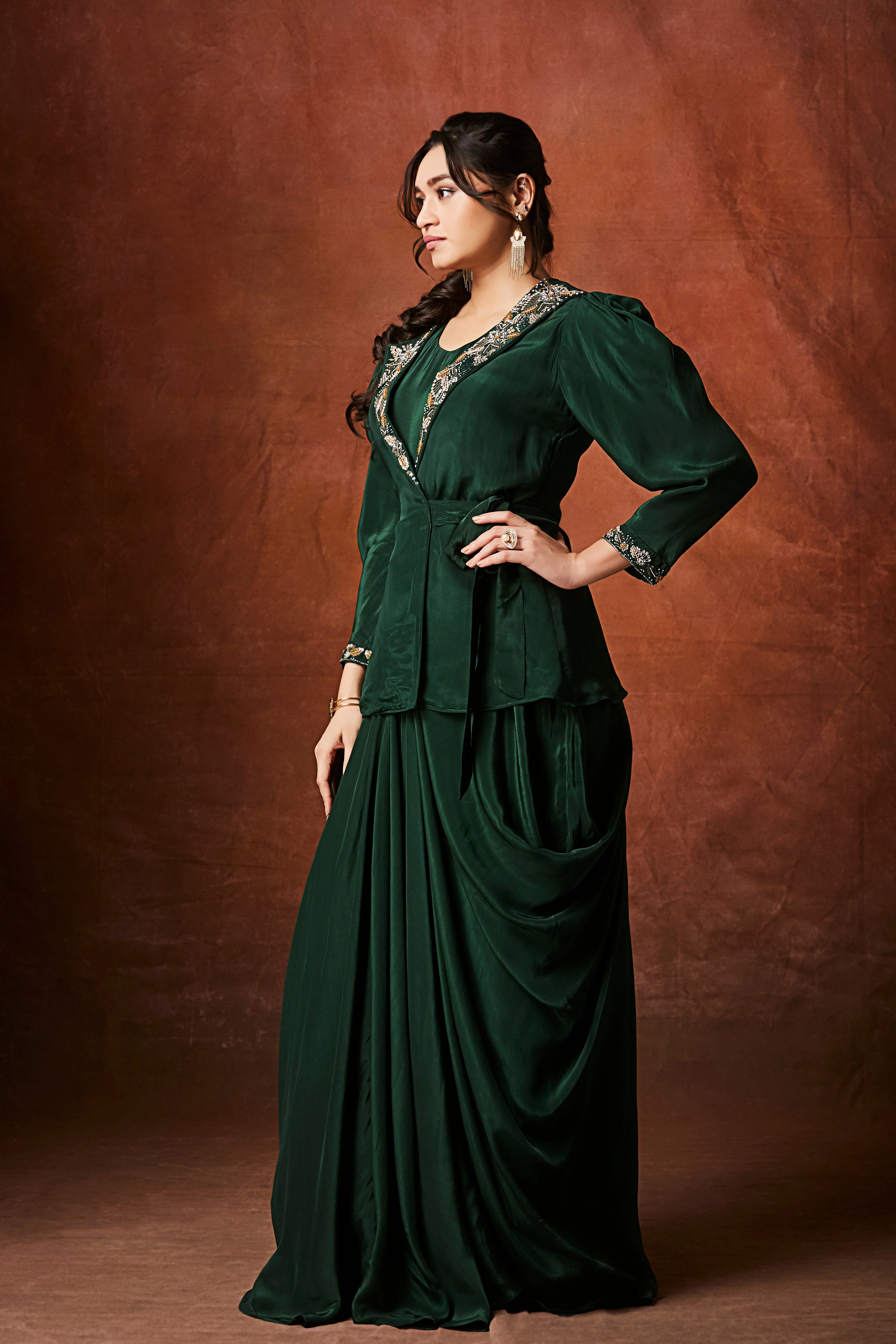 Emerald Green Embellished Crepe Silk Skirt Set - Image 3