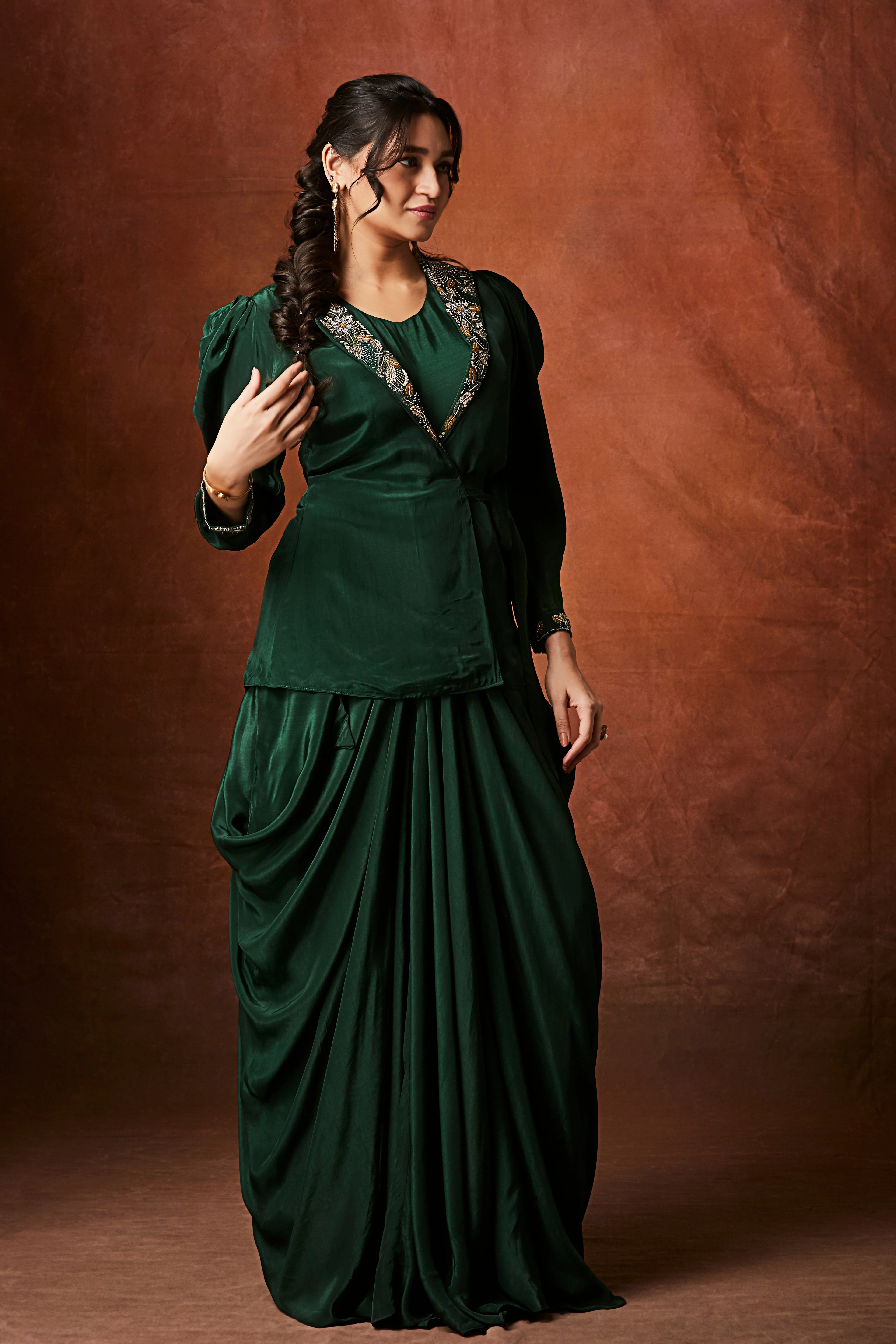 Emerald Green Embellished Crepe Silk Skirt Set - Image 4
