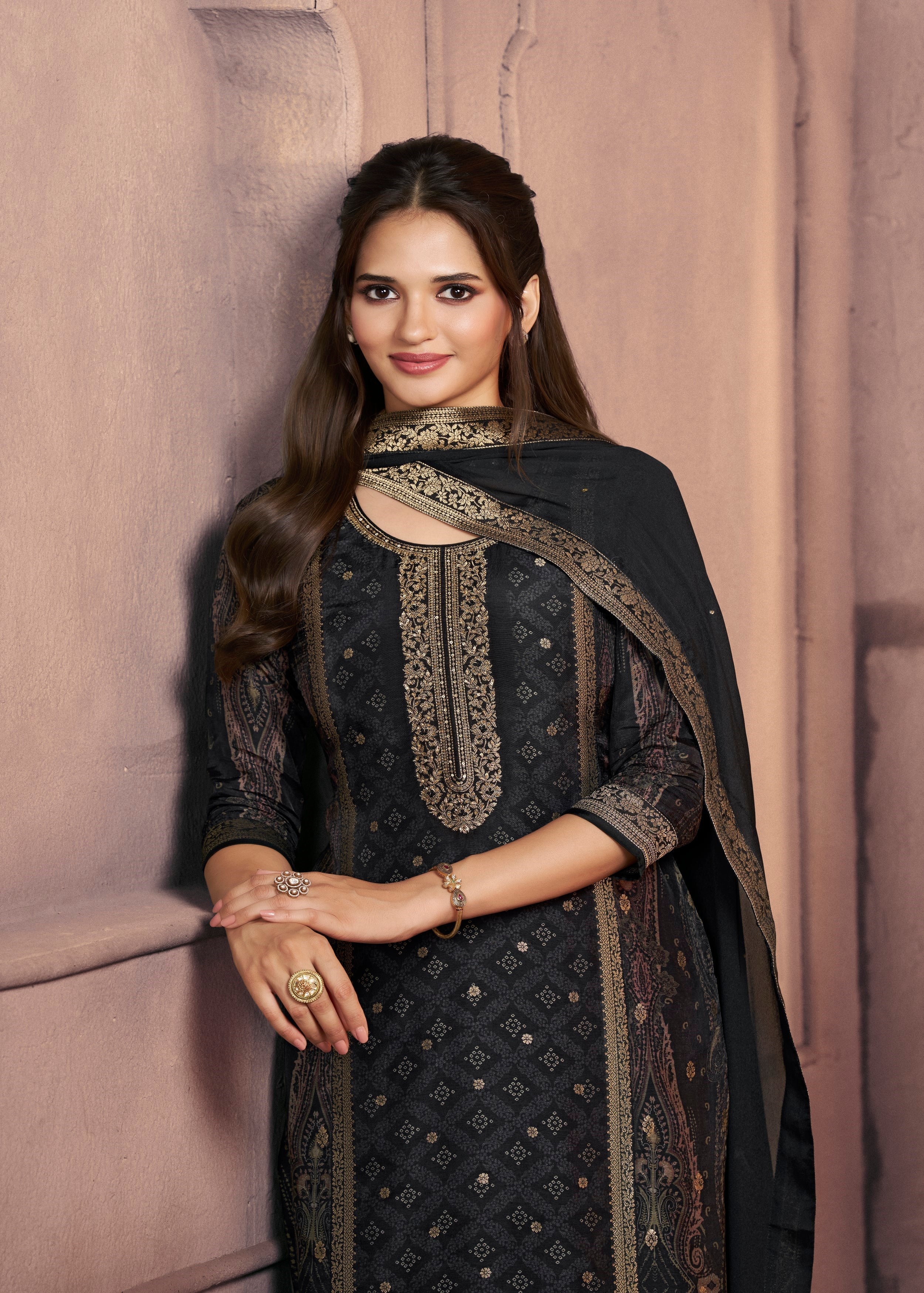 Jet Black Embellished Dola Silk Pant Set - Image 2