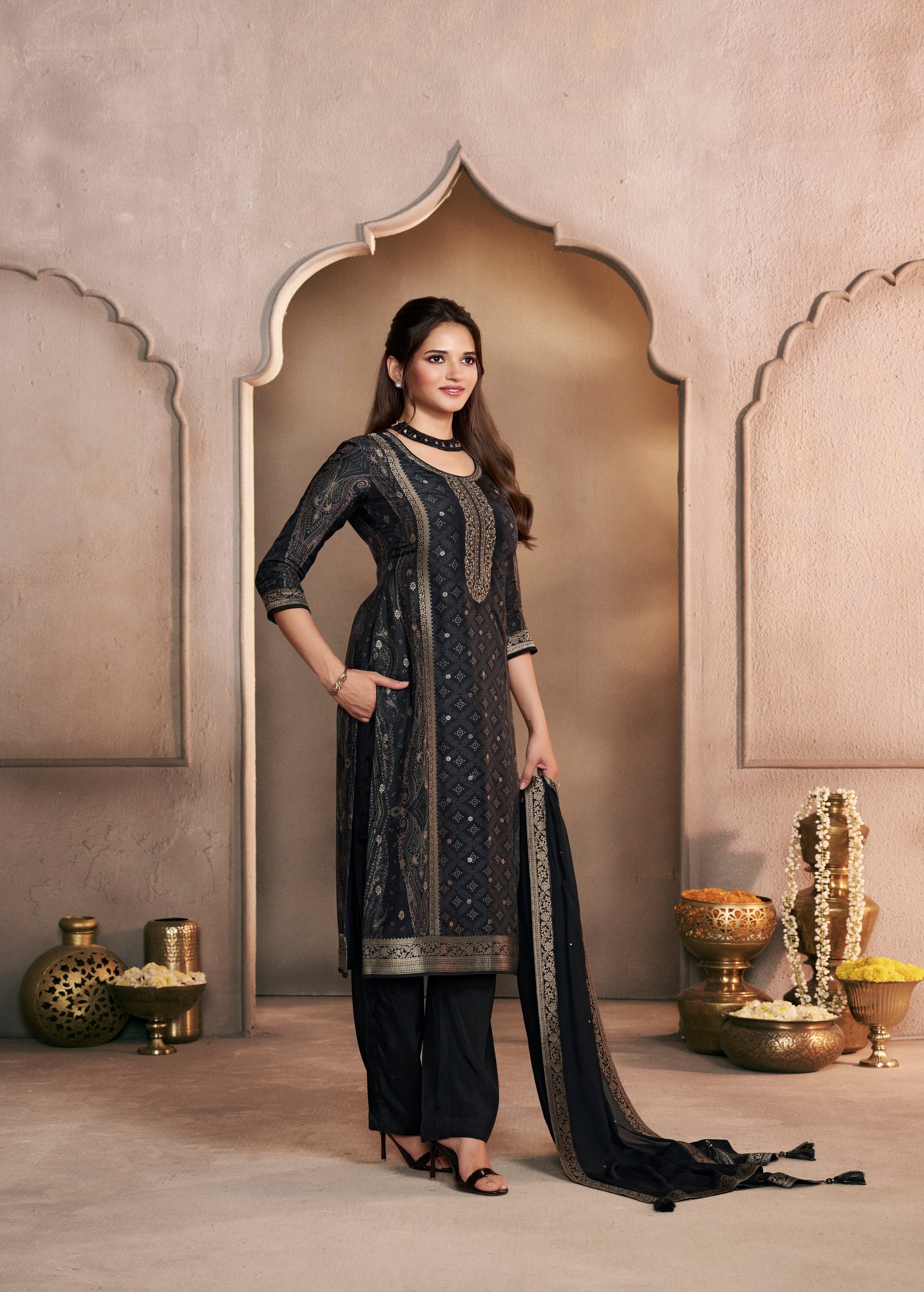 Jet Black Embellished Dola Silk Pant Set - Image 3