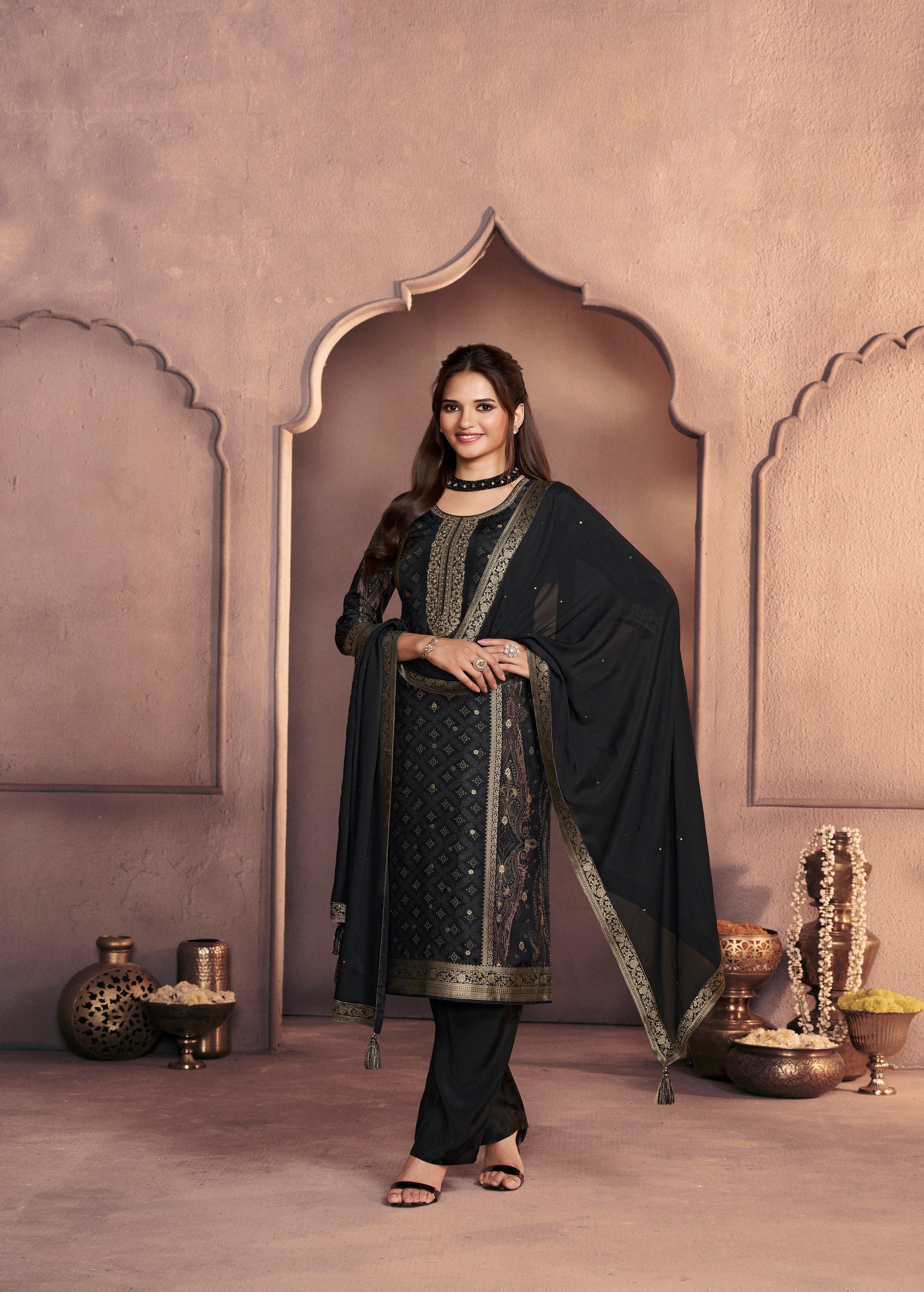 Jet Black Embellished Dola Silk Pant Set - Image 4