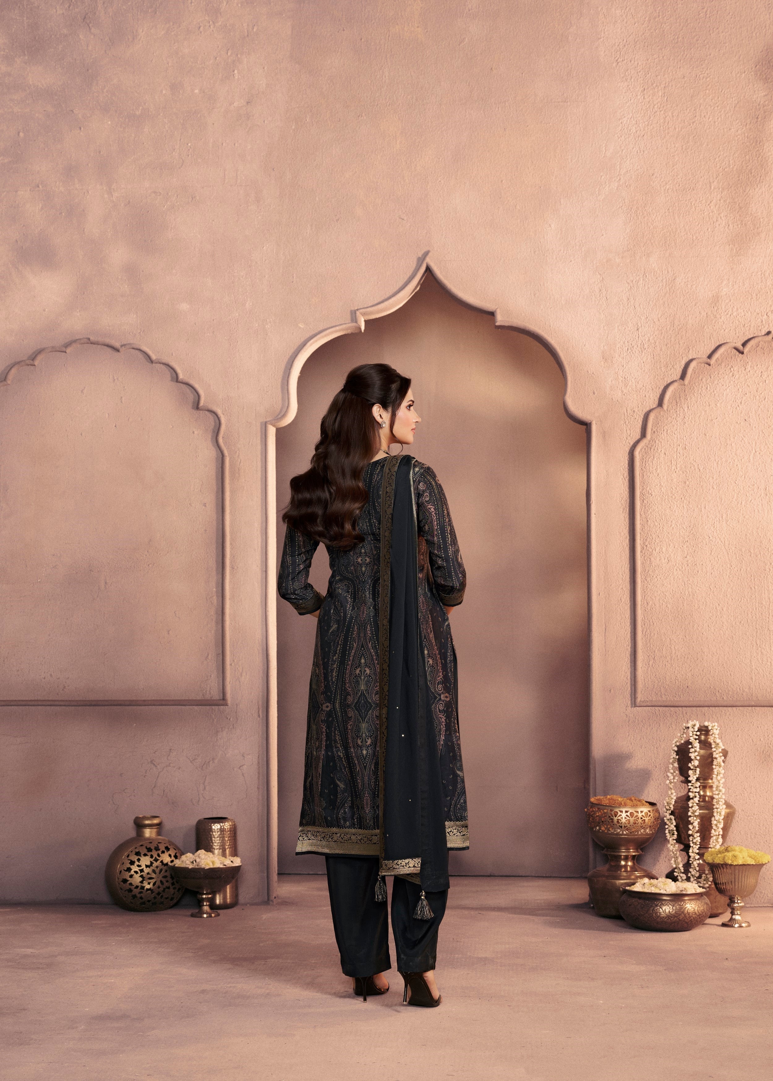 Jet Black Embellished Dola Silk Pant Set - Image 5