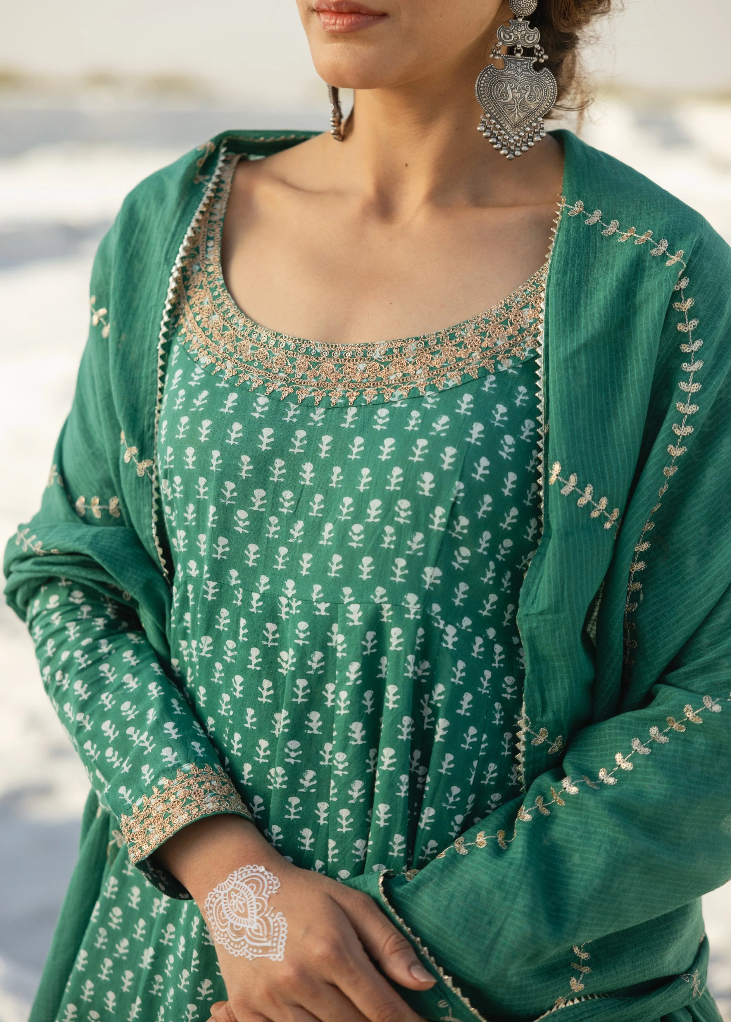 Emerald Green Embellished Organic Cotton Anarkali Set - Image 2