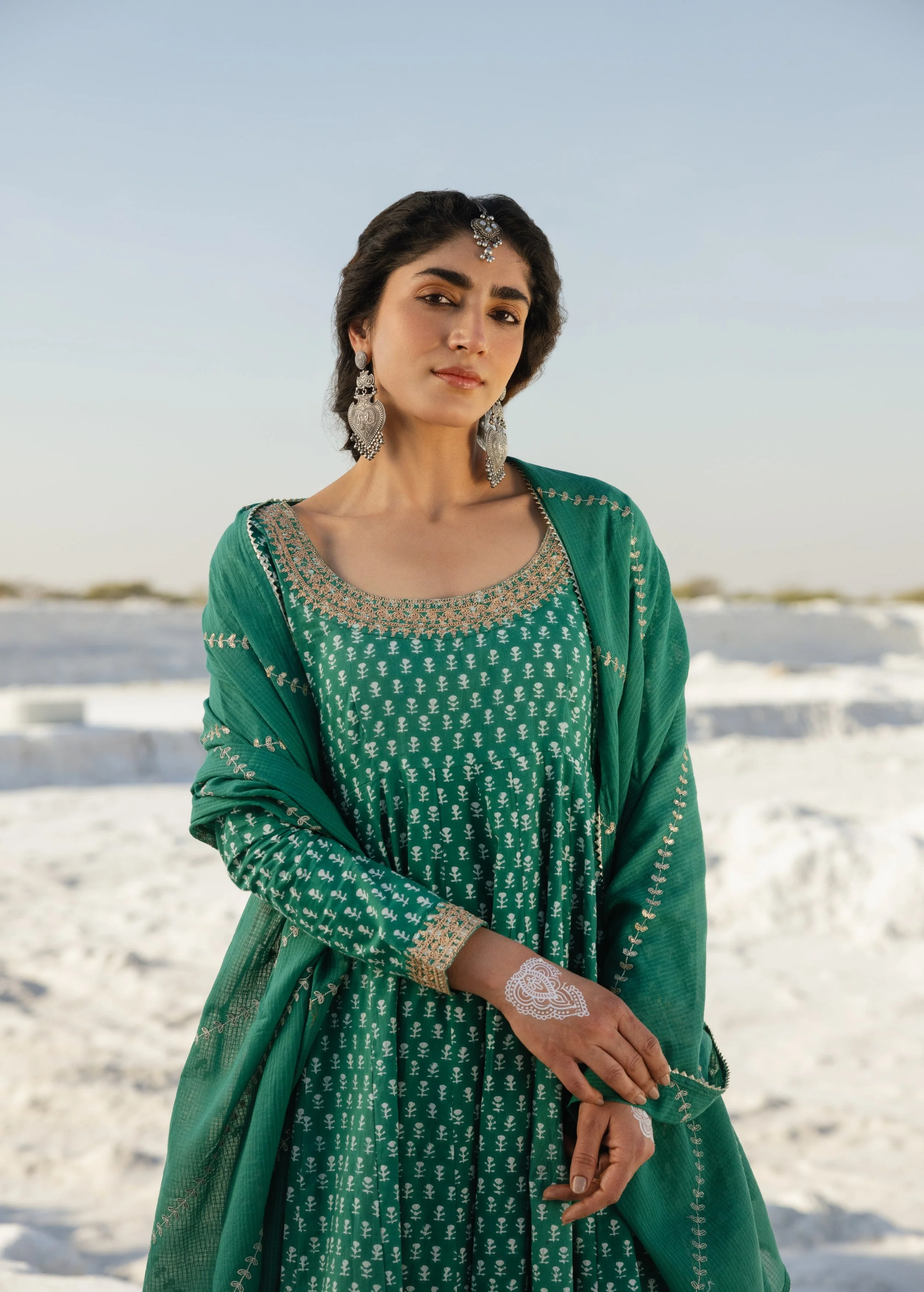 Emerald Green Embellished Organic Cotton Anarkali Set - Image 3