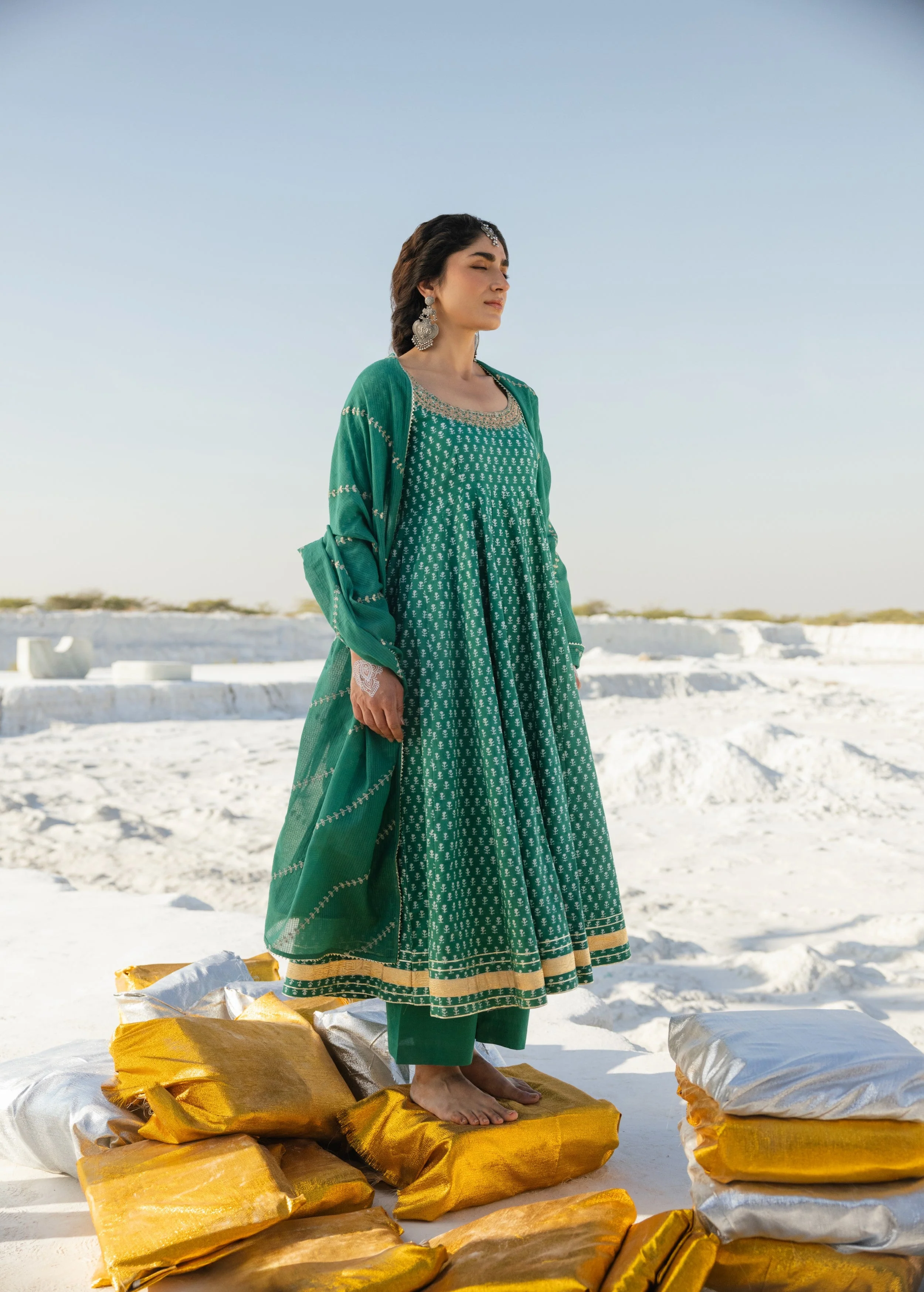 Emerald Green Embellished Organic Cotton Anarkali Set - Image 4