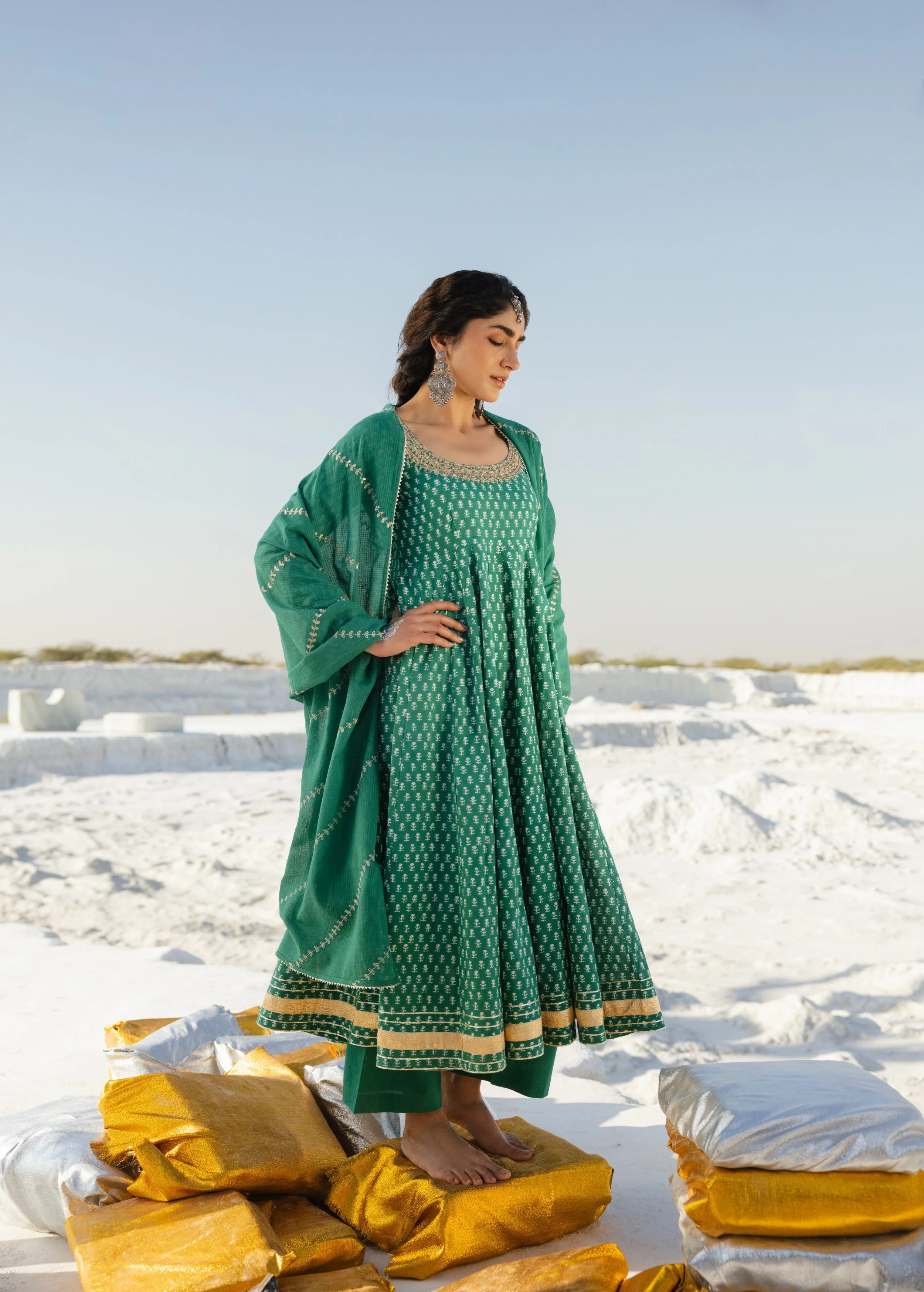 Emerald Green Embellished Organic Cotton Anarkali Set - Image 5
