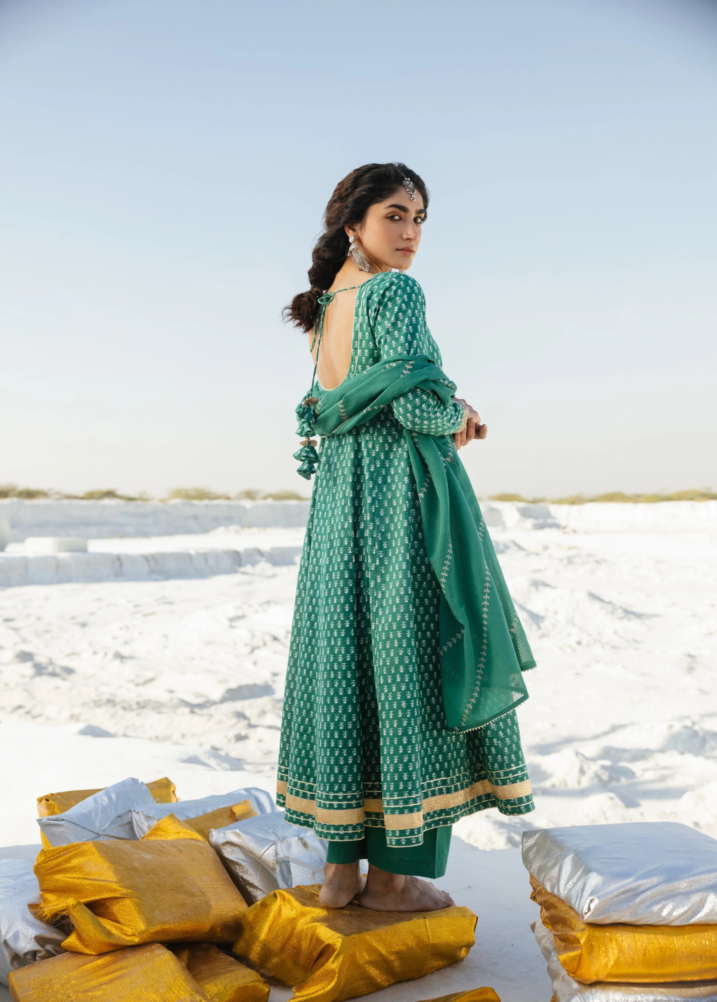 Emerald Green Embellished Organic Cotton Anarkali Set - Image 6