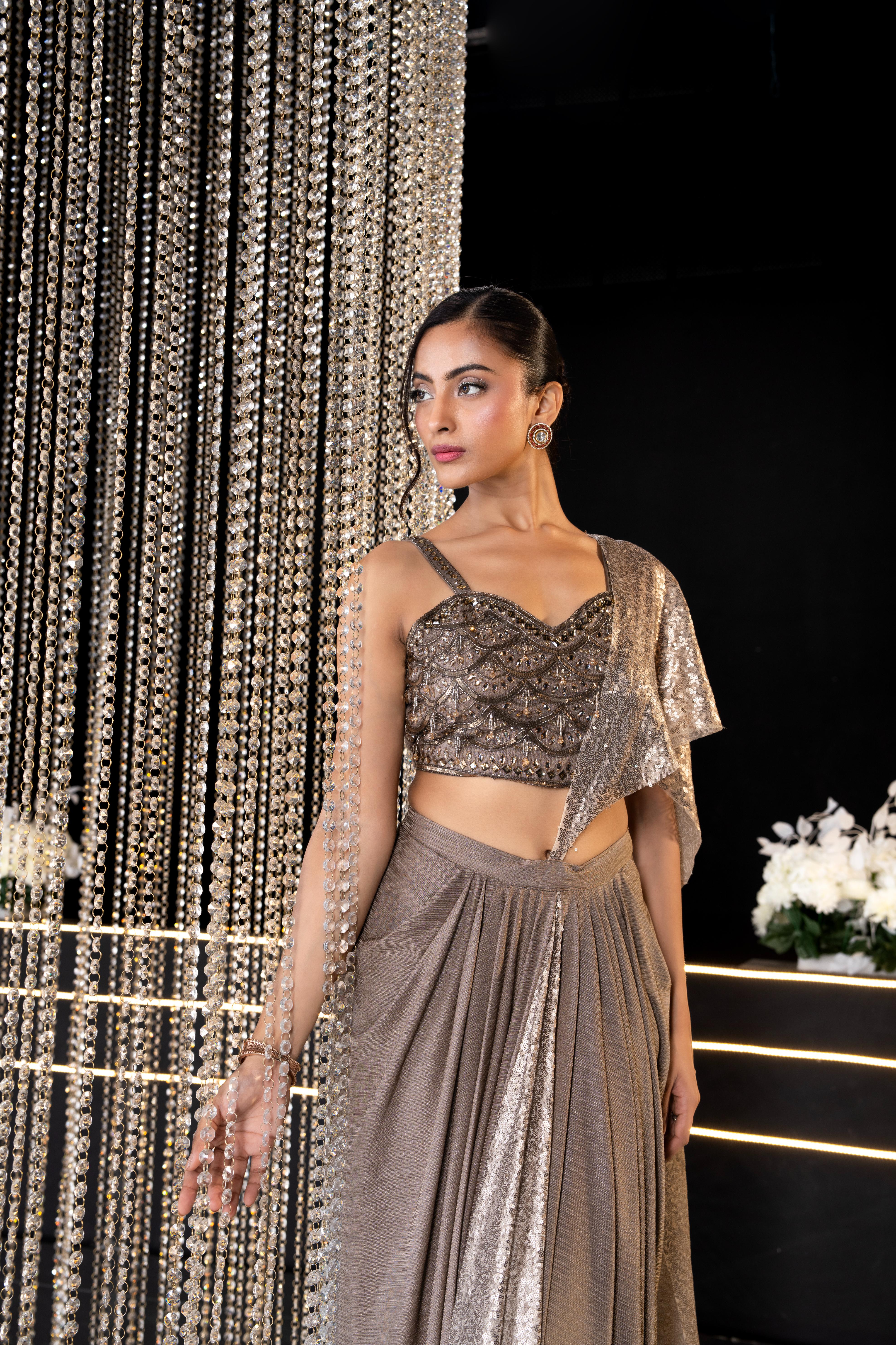 Antique Brown Embellished Imported Fabric Pre-Draped Saree - Image 2