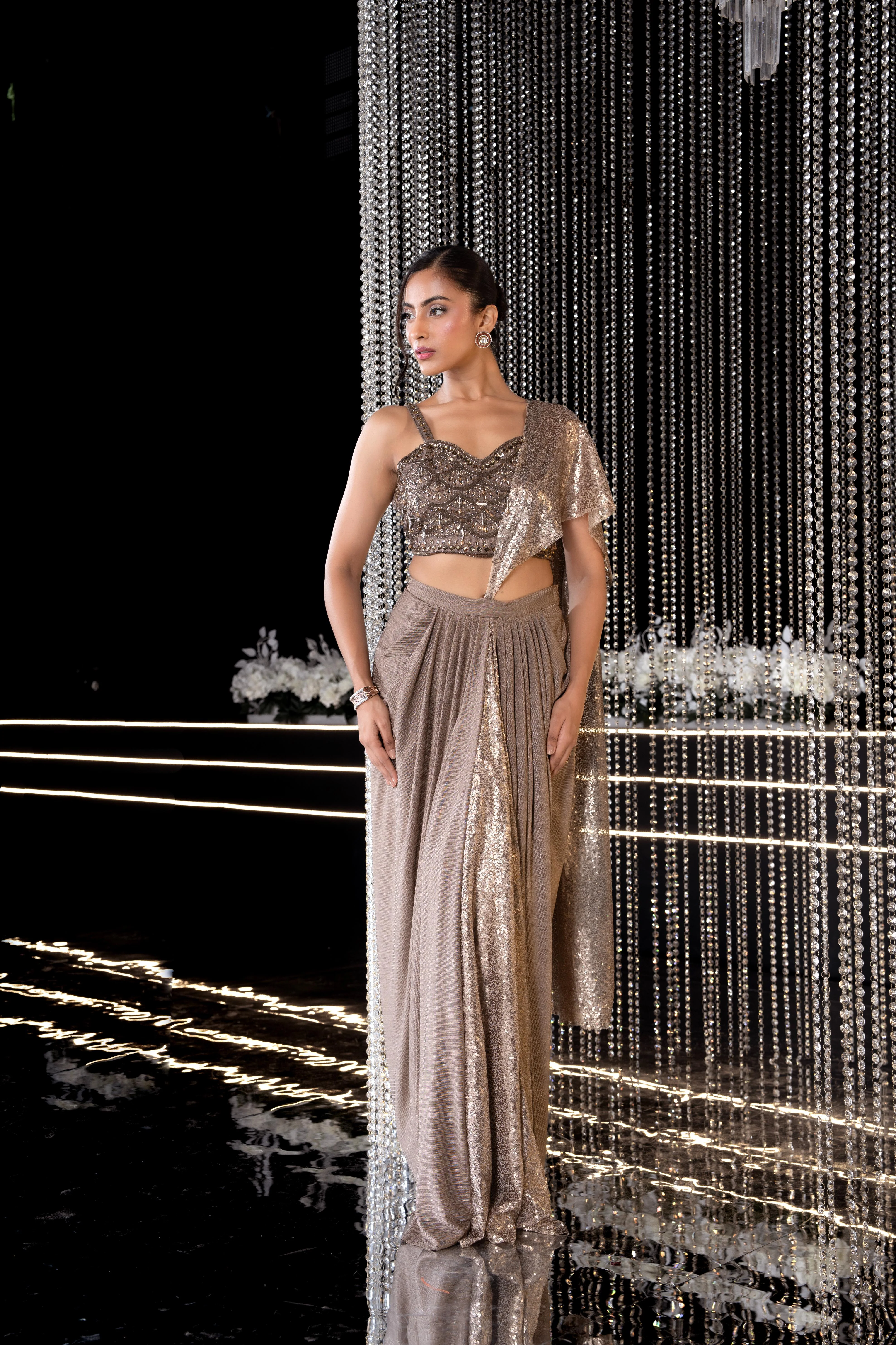Antique Brown Embellished Imported Fabric Pre-Draped Saree - Image 3