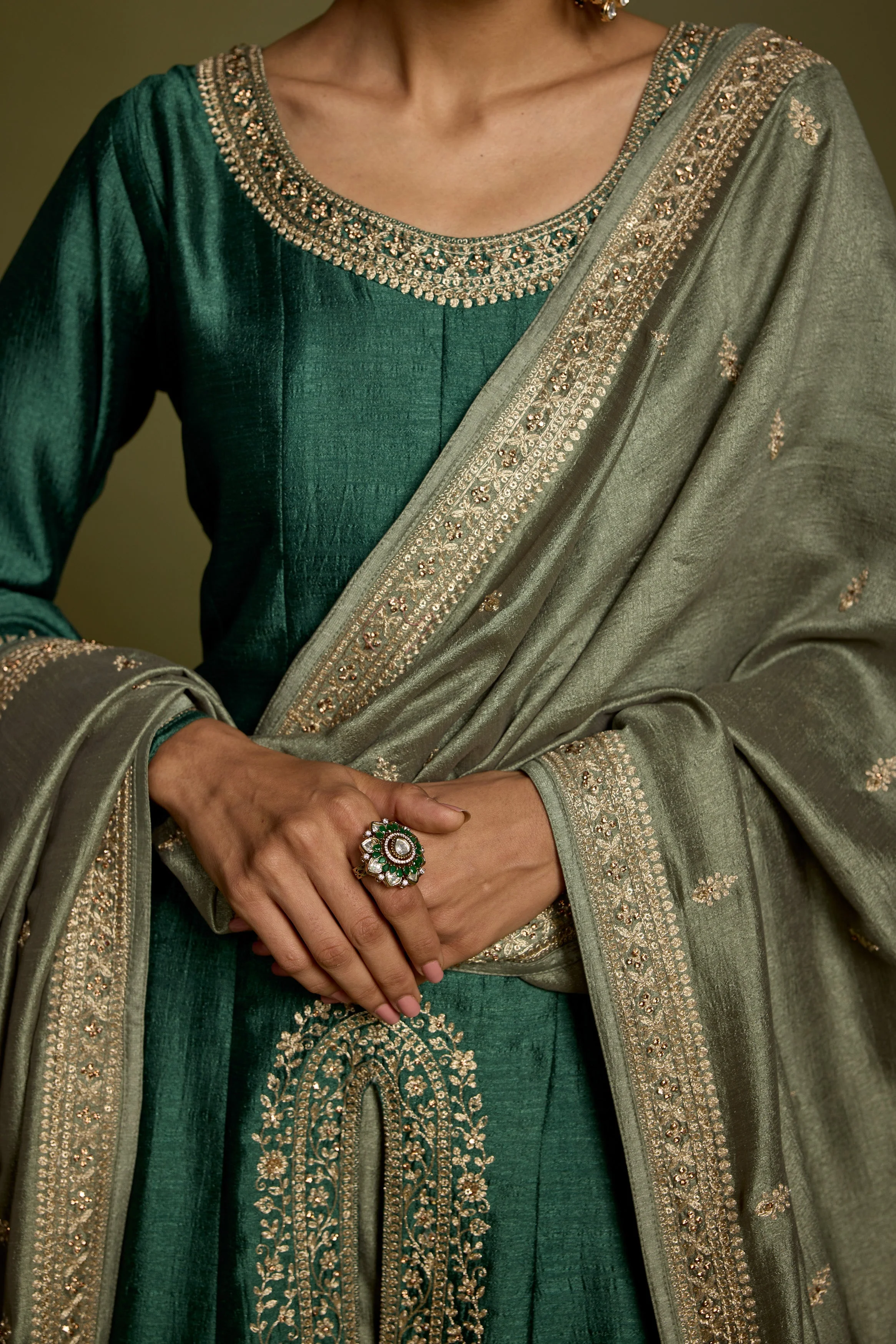Emerald Green Embellished Raw Silk Anarkali Set - Image 2