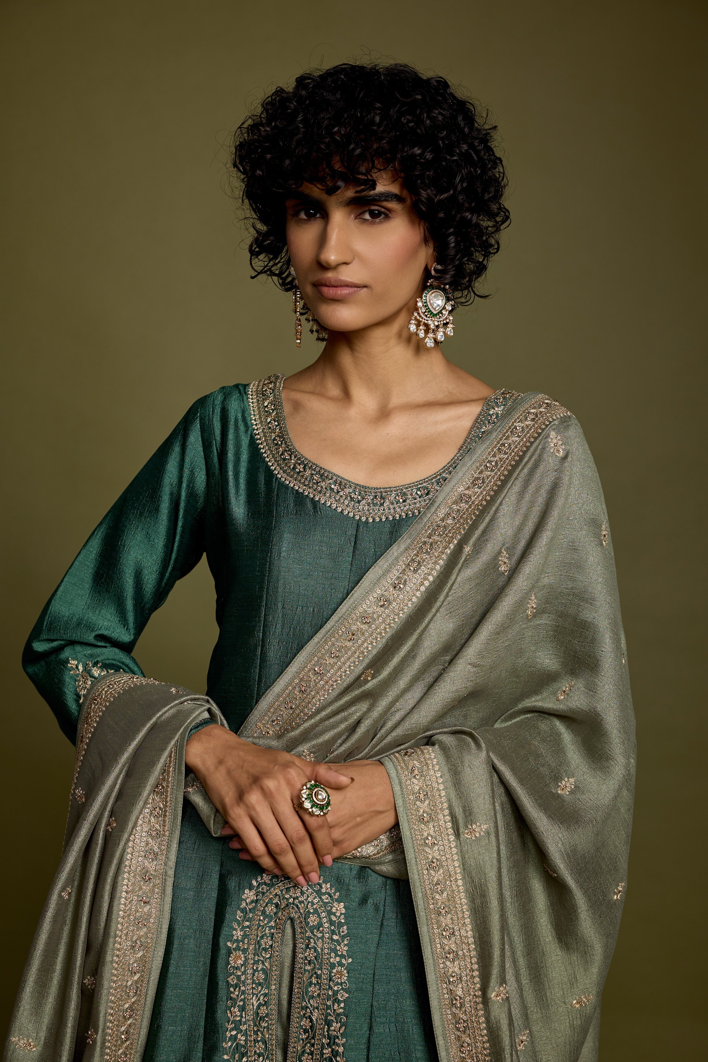 Emerald Green Embellished Raw Silk Anarkali Set - Image 3