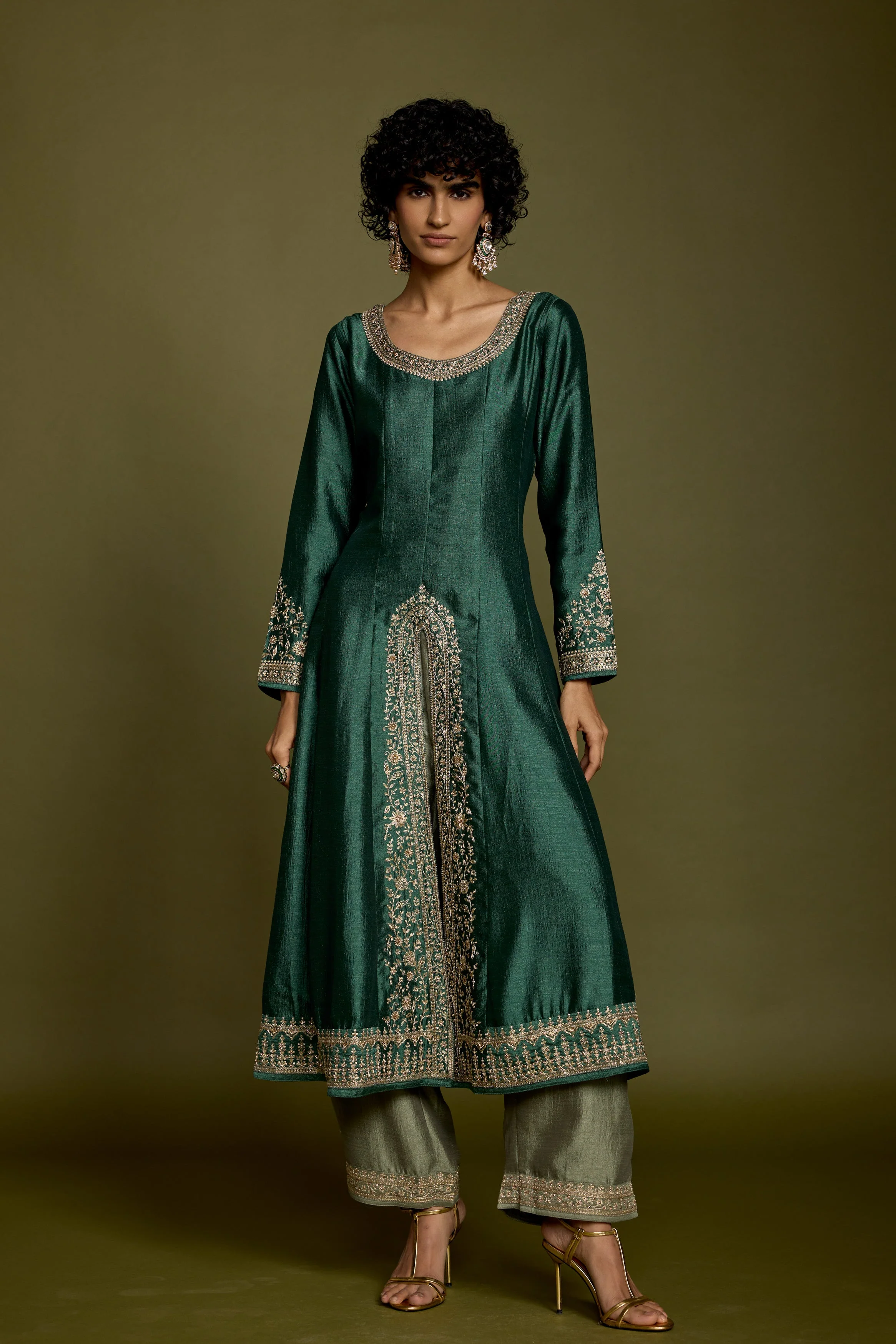 Emerald Green Embellished Raw Silk Anarkali Set - Image 5