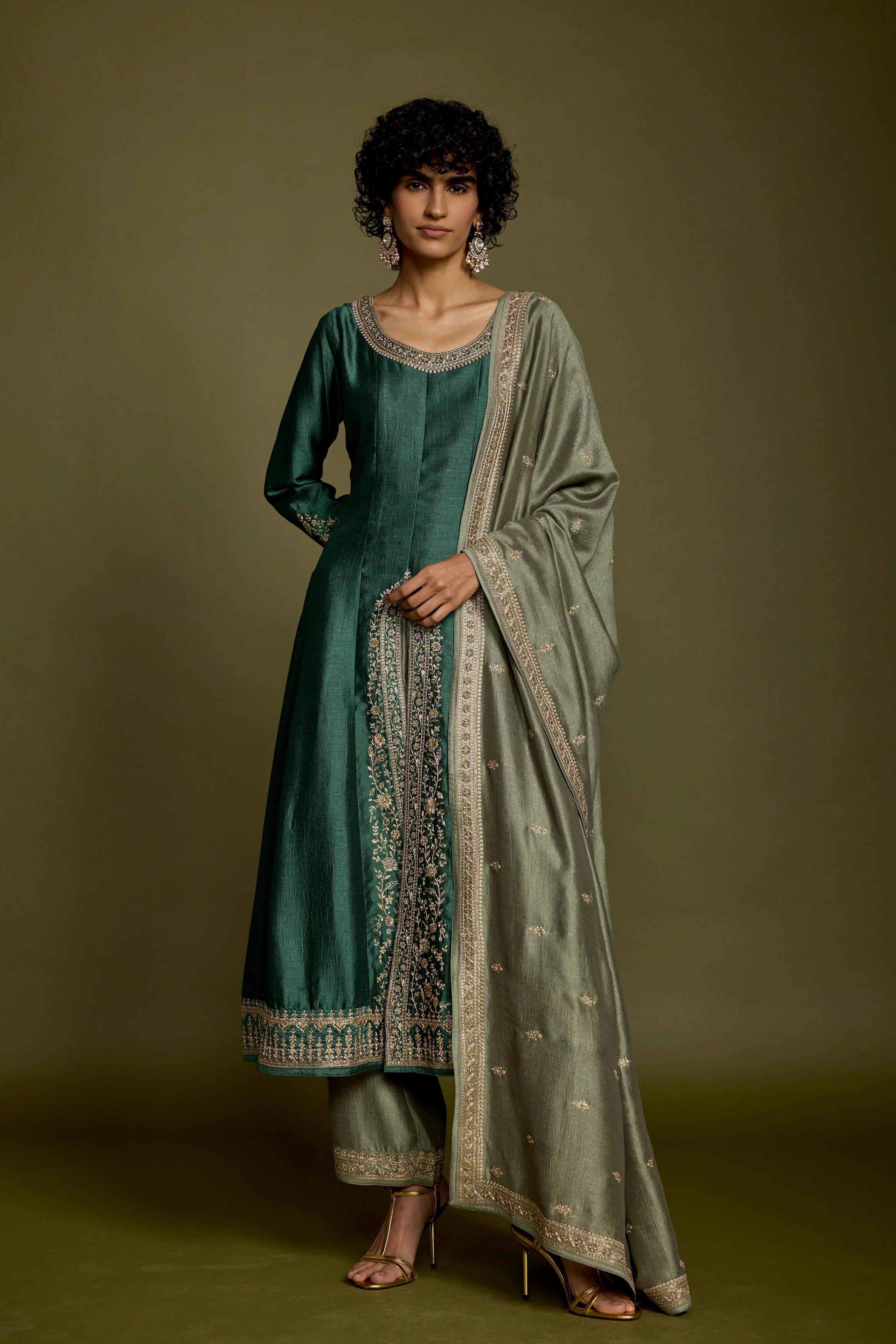 Emerald Green Embellished Raw Silk Anarkali Set - Image 6