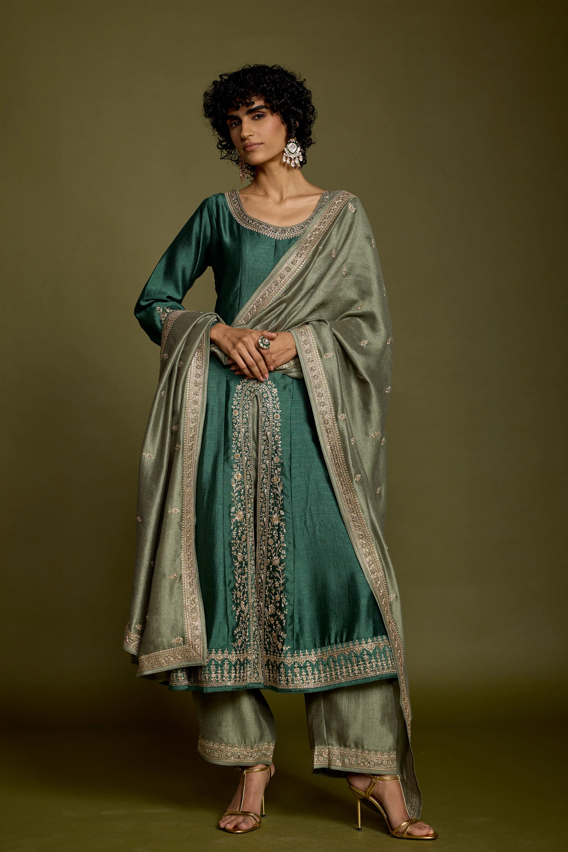 Emerald Green Embellished Raw Silk Anarkali Set - Image 7