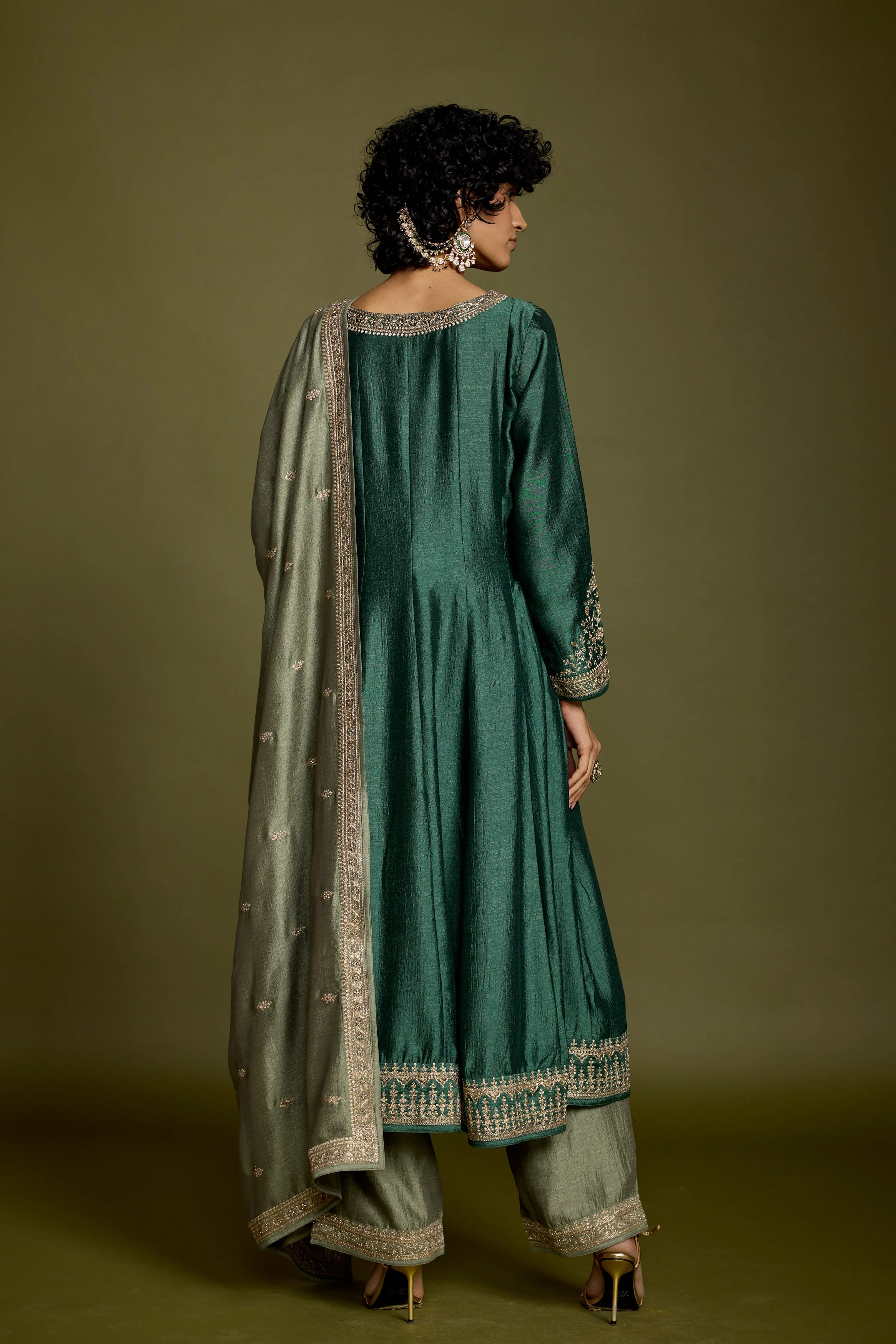 Emerald Green Embellished Raw Silk Anarkali Set - Image 8