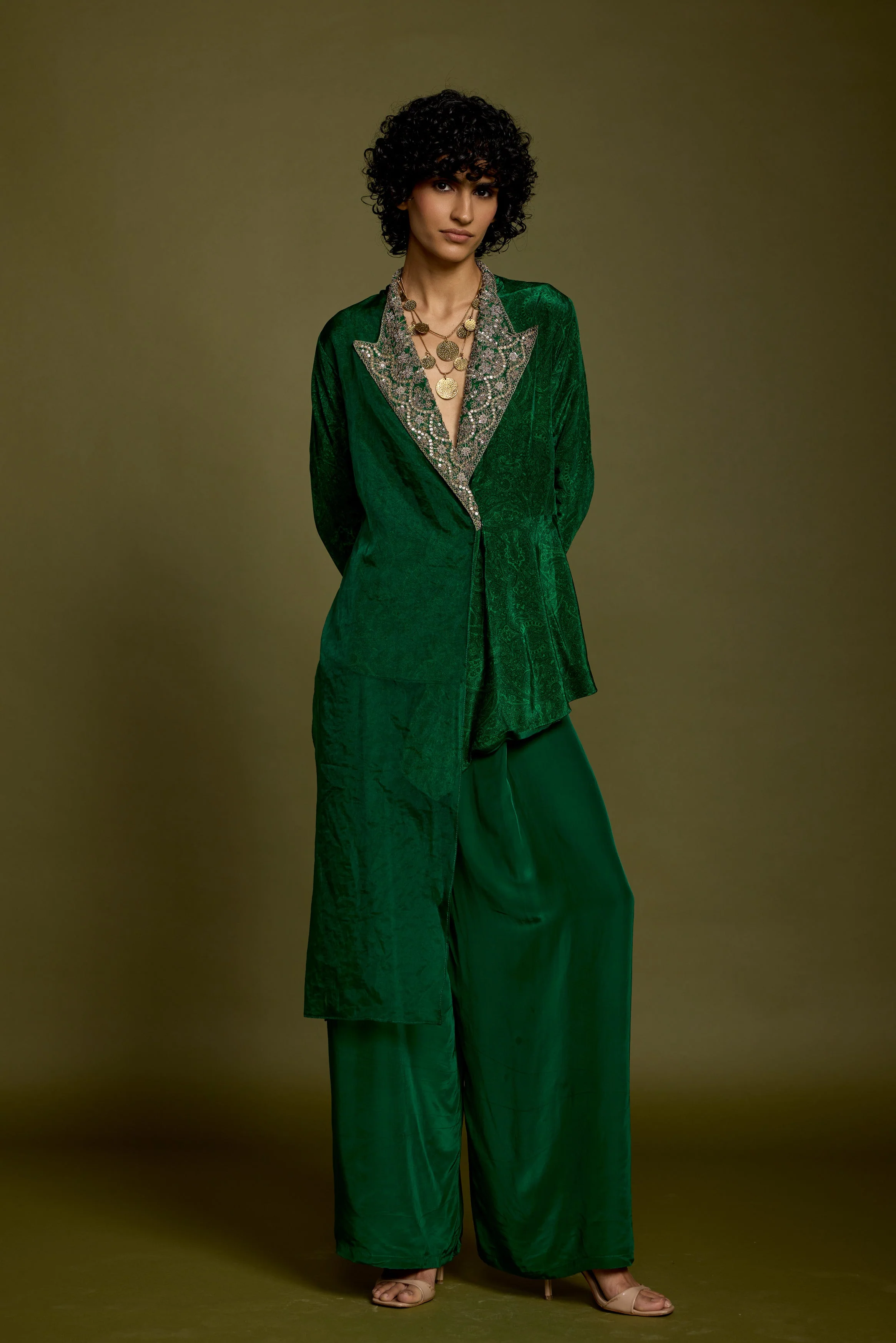 Emerald Green Embellished Satin Silk Co-Ord Set