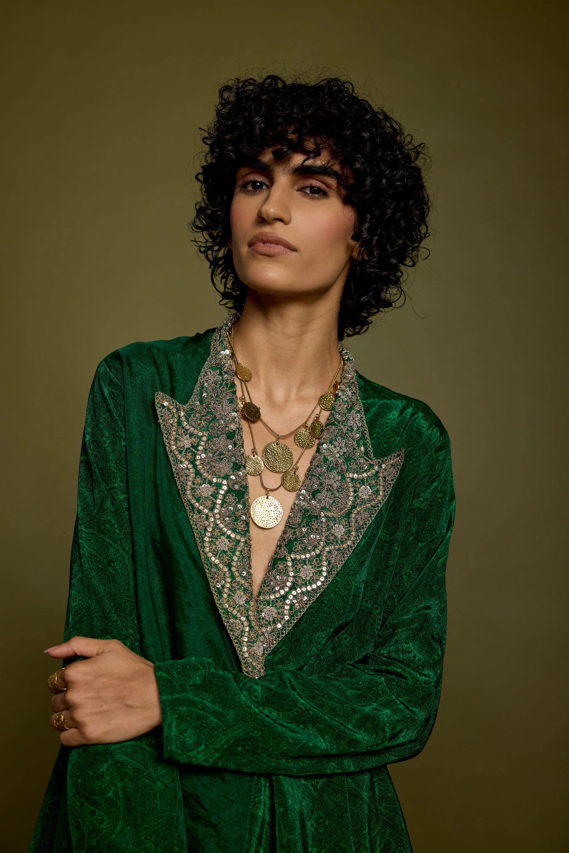 Emerald Green Embellished Satin Silk Co-Ord Set - Image 2