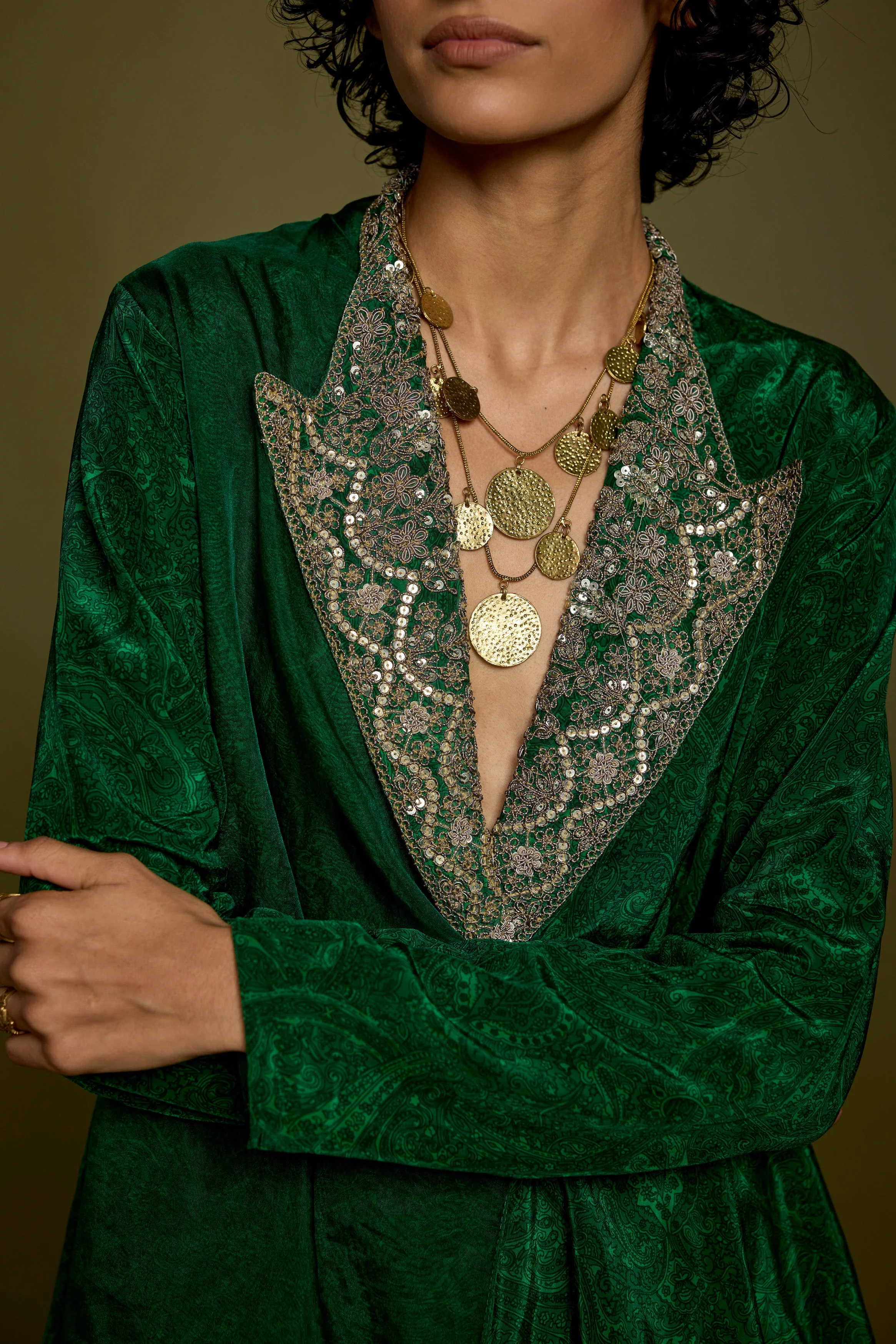 Emerald Green Embellished Satin Silk Co-Ord Set - Image 3