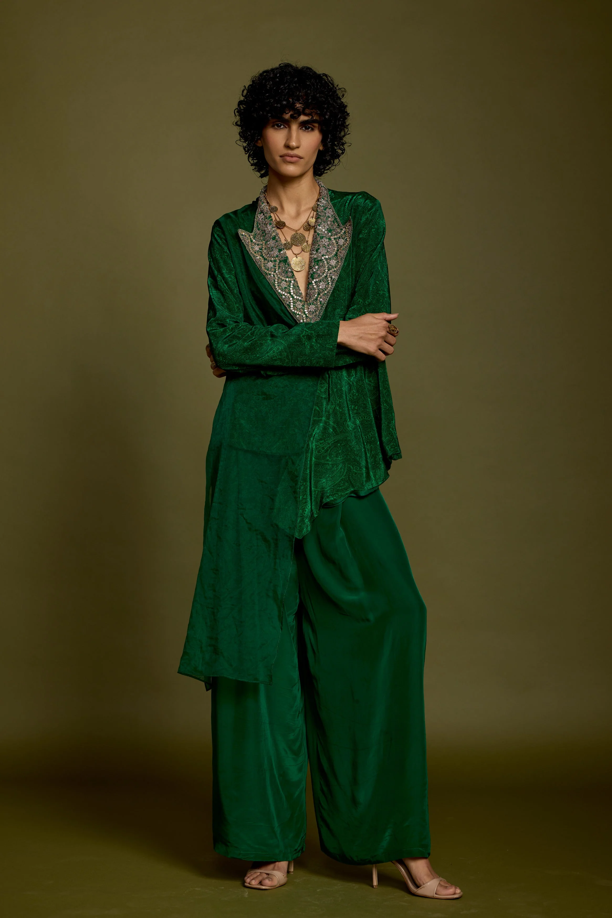 Emerald Green Embellished Satin Silk Co-Ord Set - Image 4