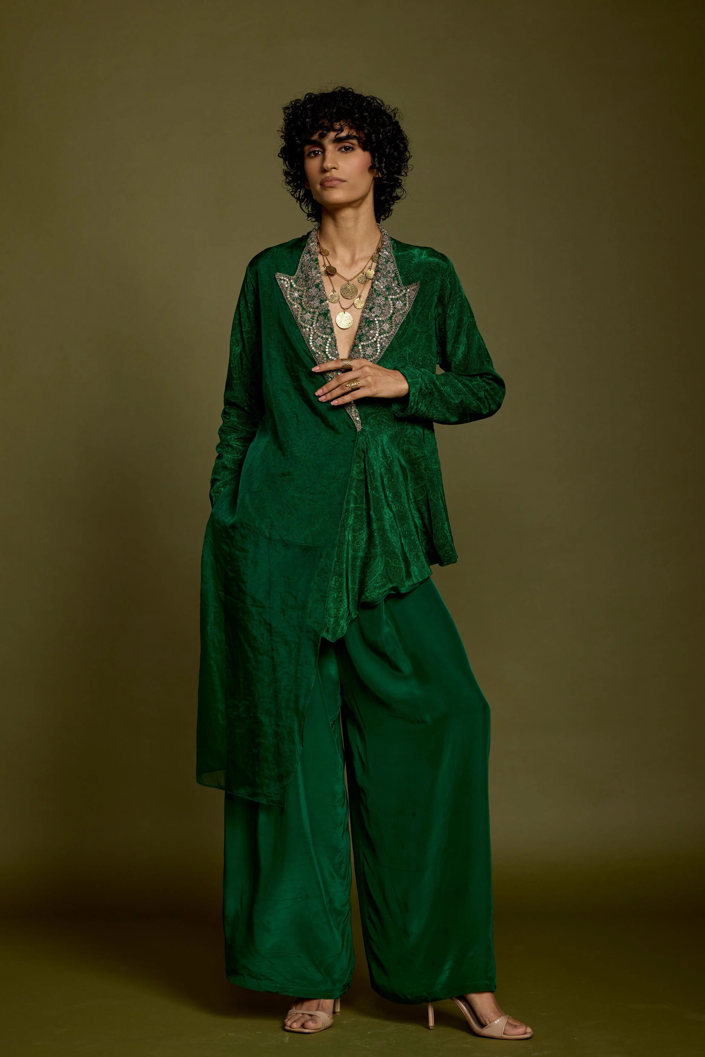Emerald Green Embellished Satin Silk Co-Ord Set - Image 5