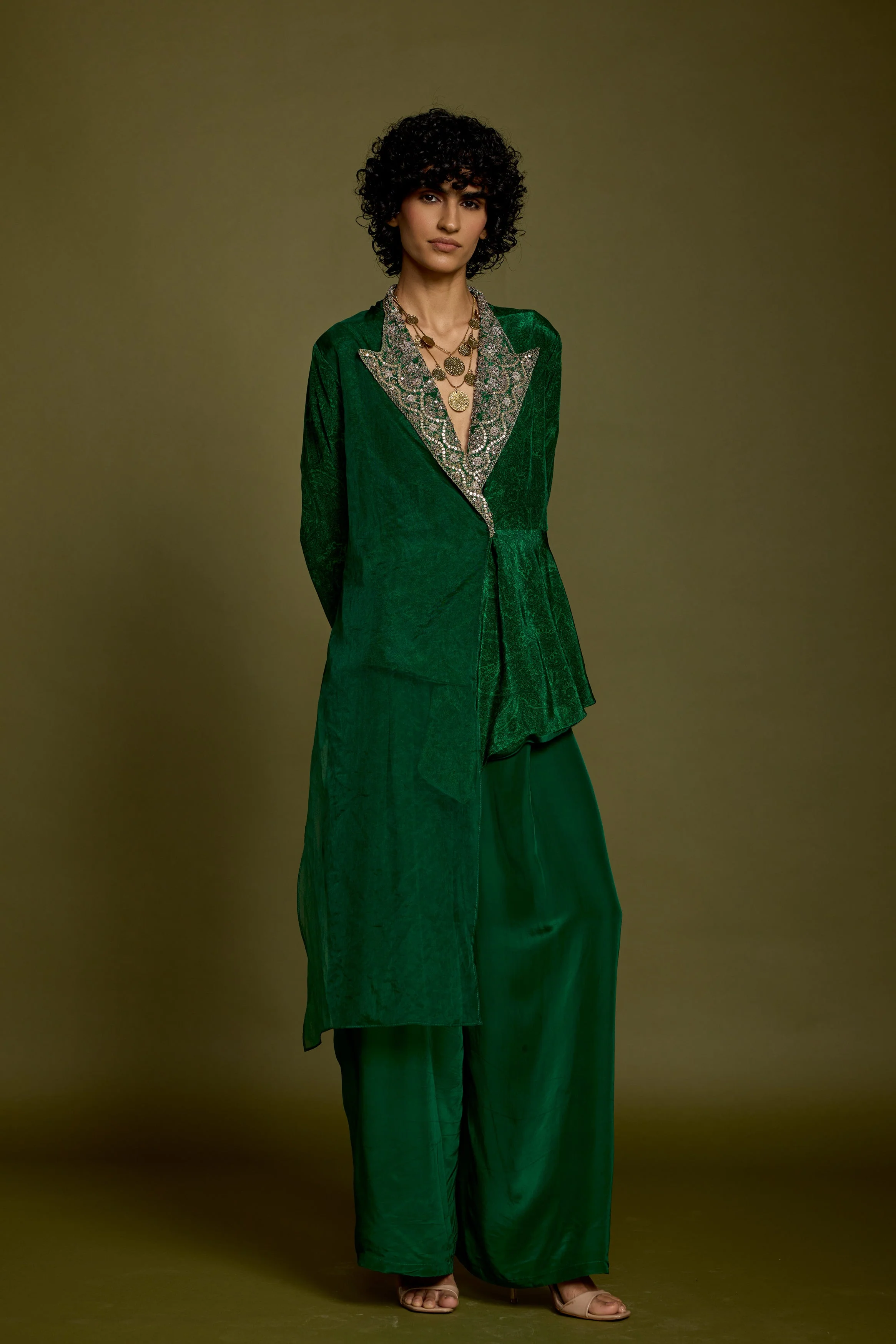 Emerald Green Embellished Satin Silk Co-Ord Set - Image 6