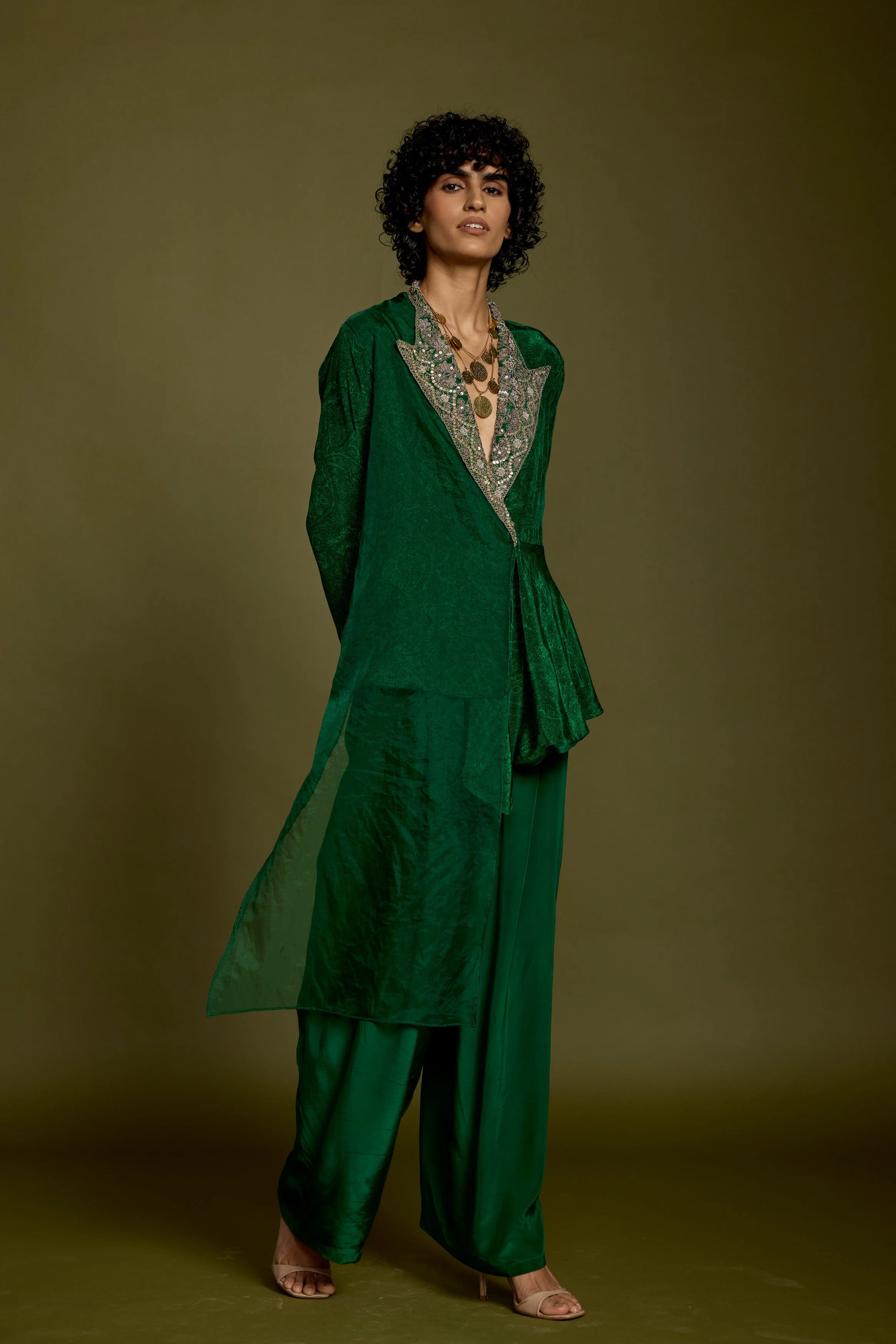 Emerald Green Embellished Satin Silk Co-Ord Set - Image 7