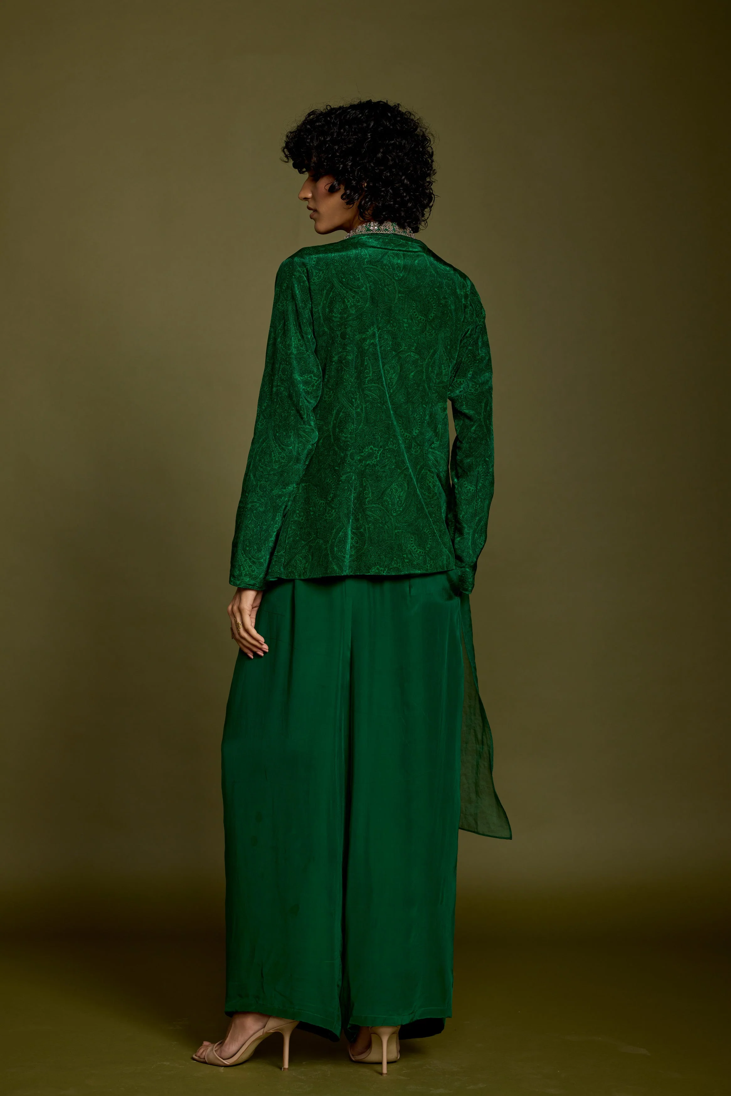 Emerald Green Embellished Satin Silk Co-Ord Set - Image 8