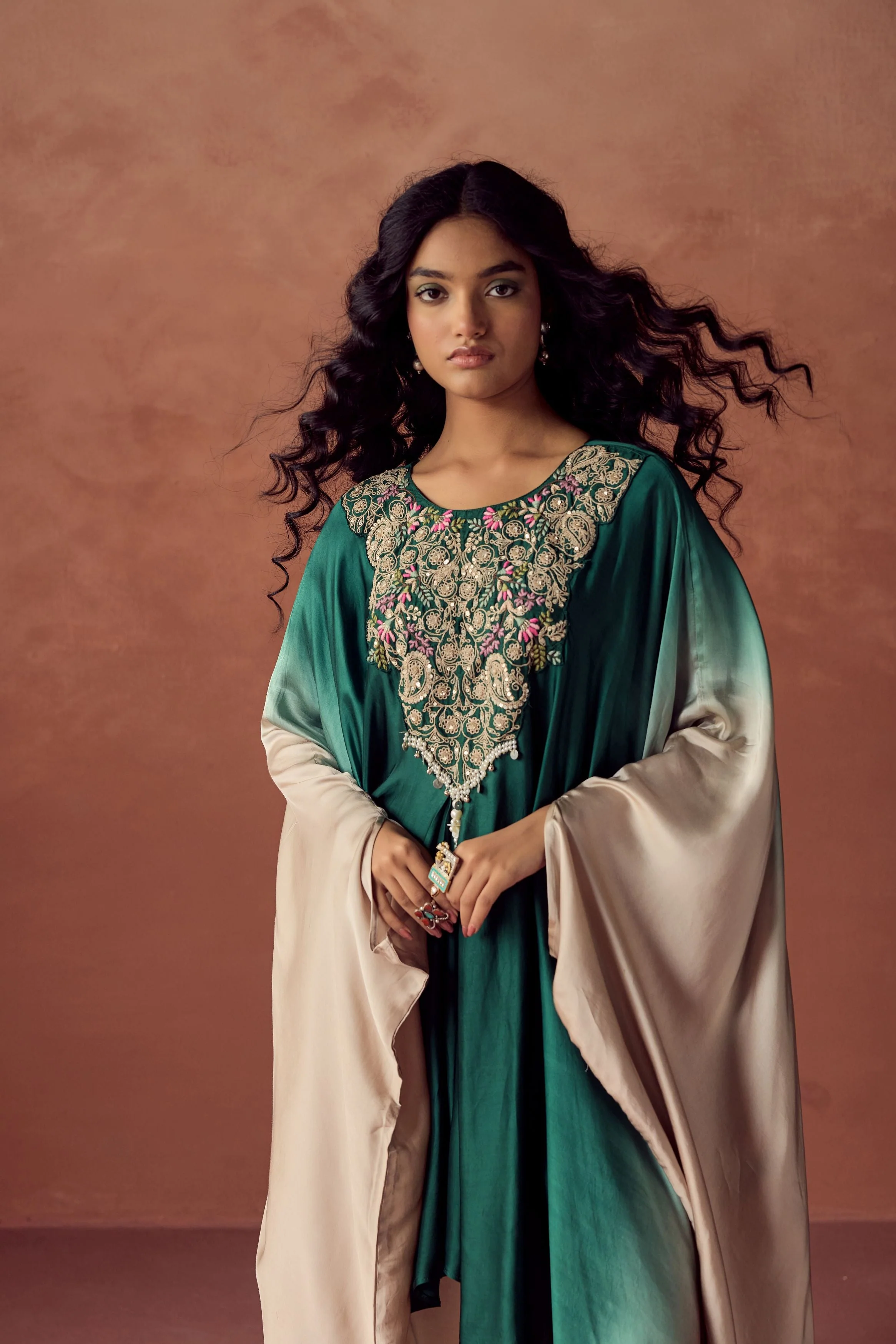 Dark Green Embellished Satin Silk Kaftan Set - Image 3