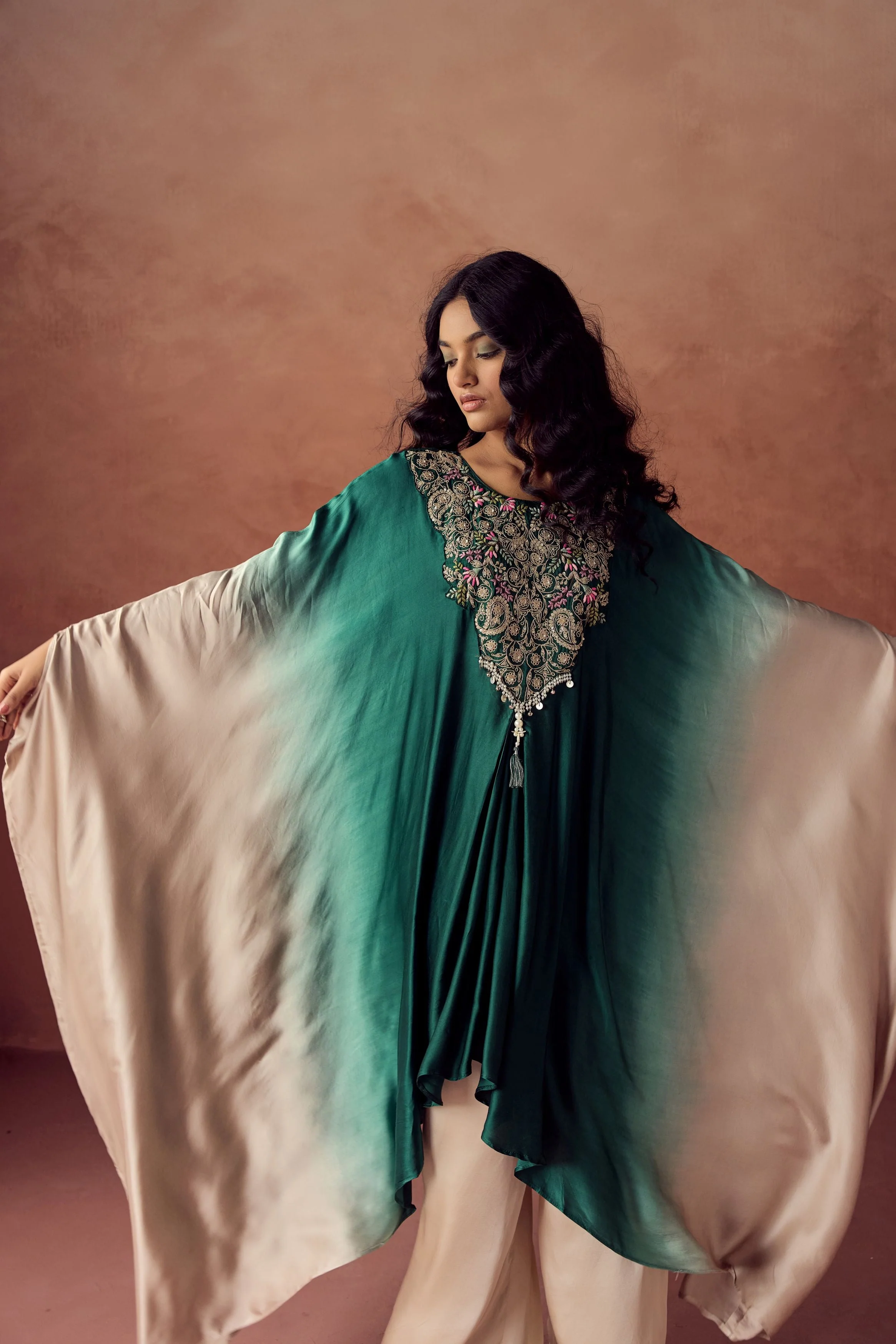 Dark Green Embellished Satin Silk Kaftan Set - Image 4