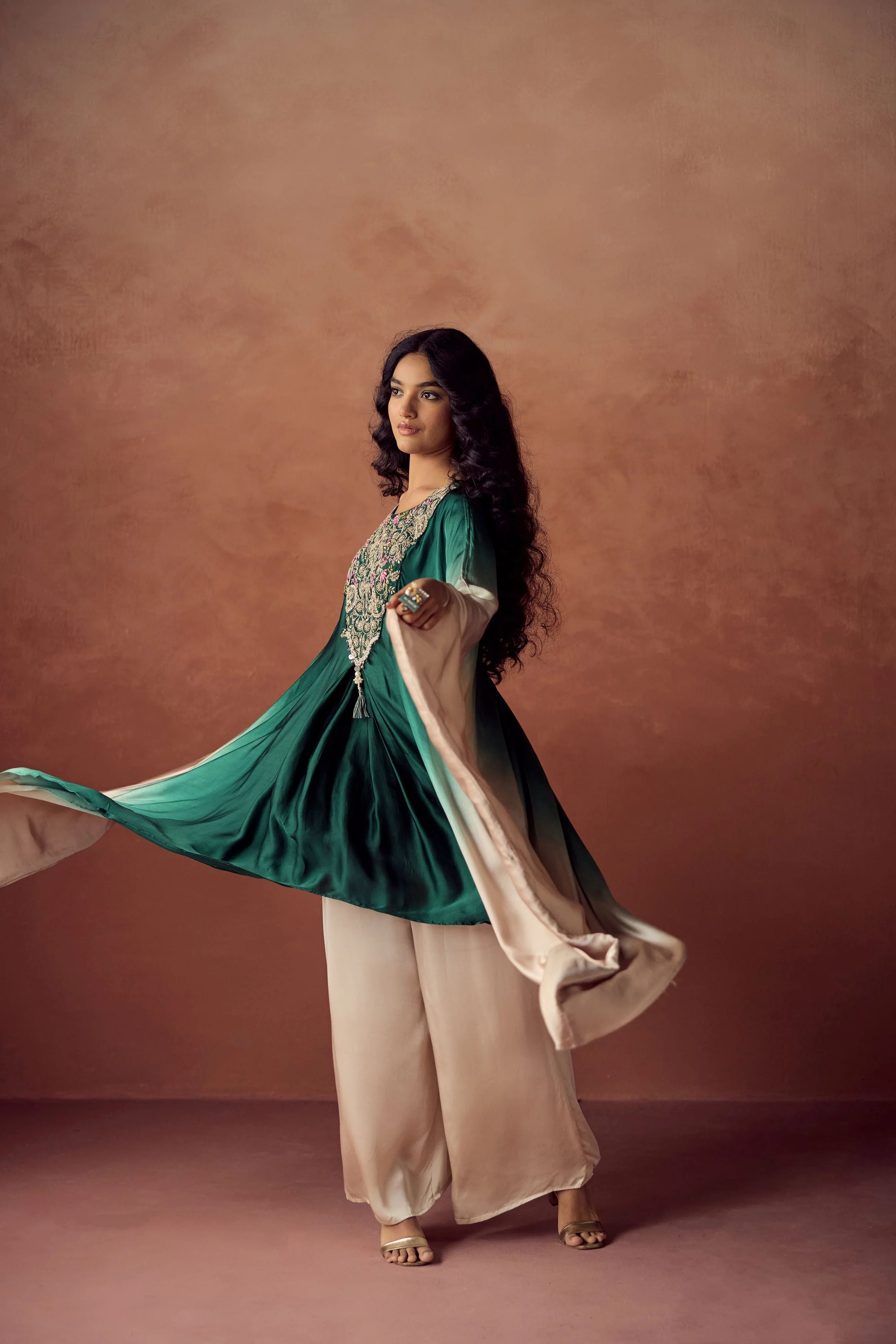 Dark Green Embellished Satin Silk Kaftan Set - Image 5