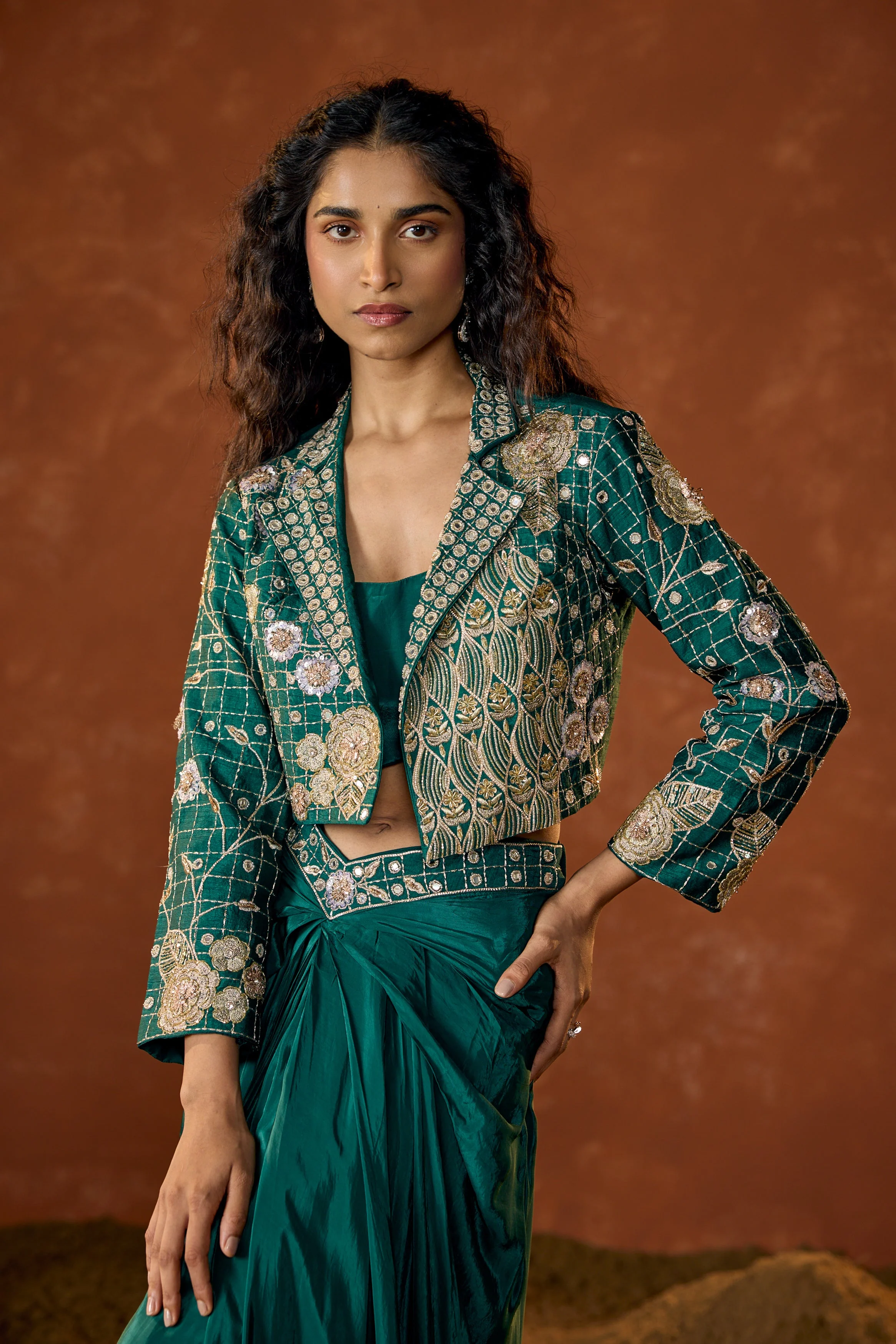 Emerald Green Embellished Satin Silk Skirt Set - Image 2