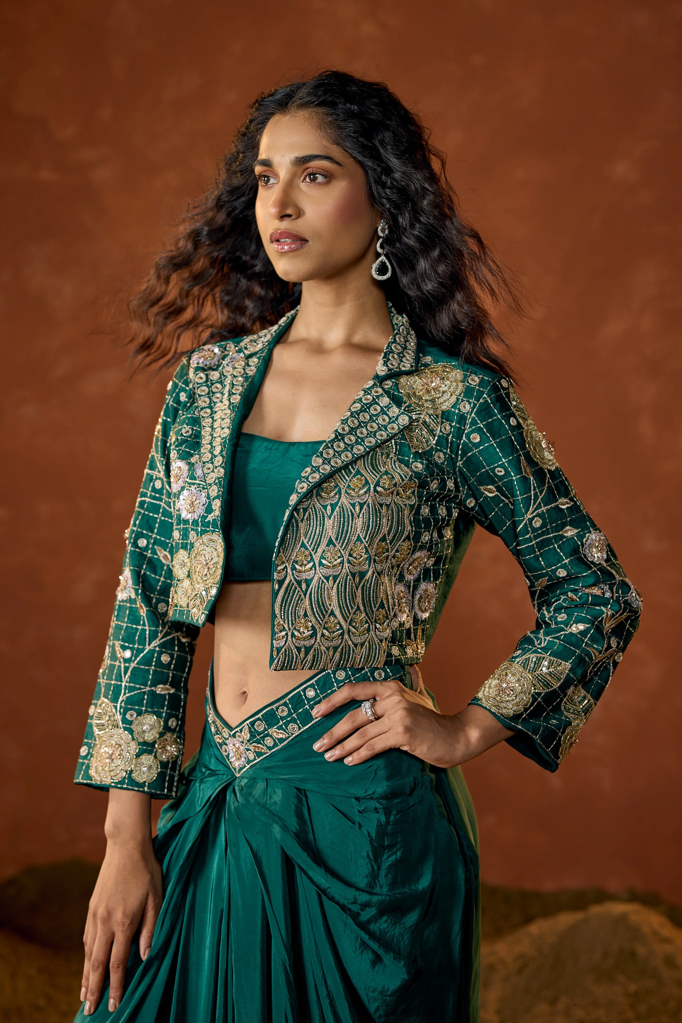 Emerald Green Embellished Satin Silk Skirt Set - Image 3