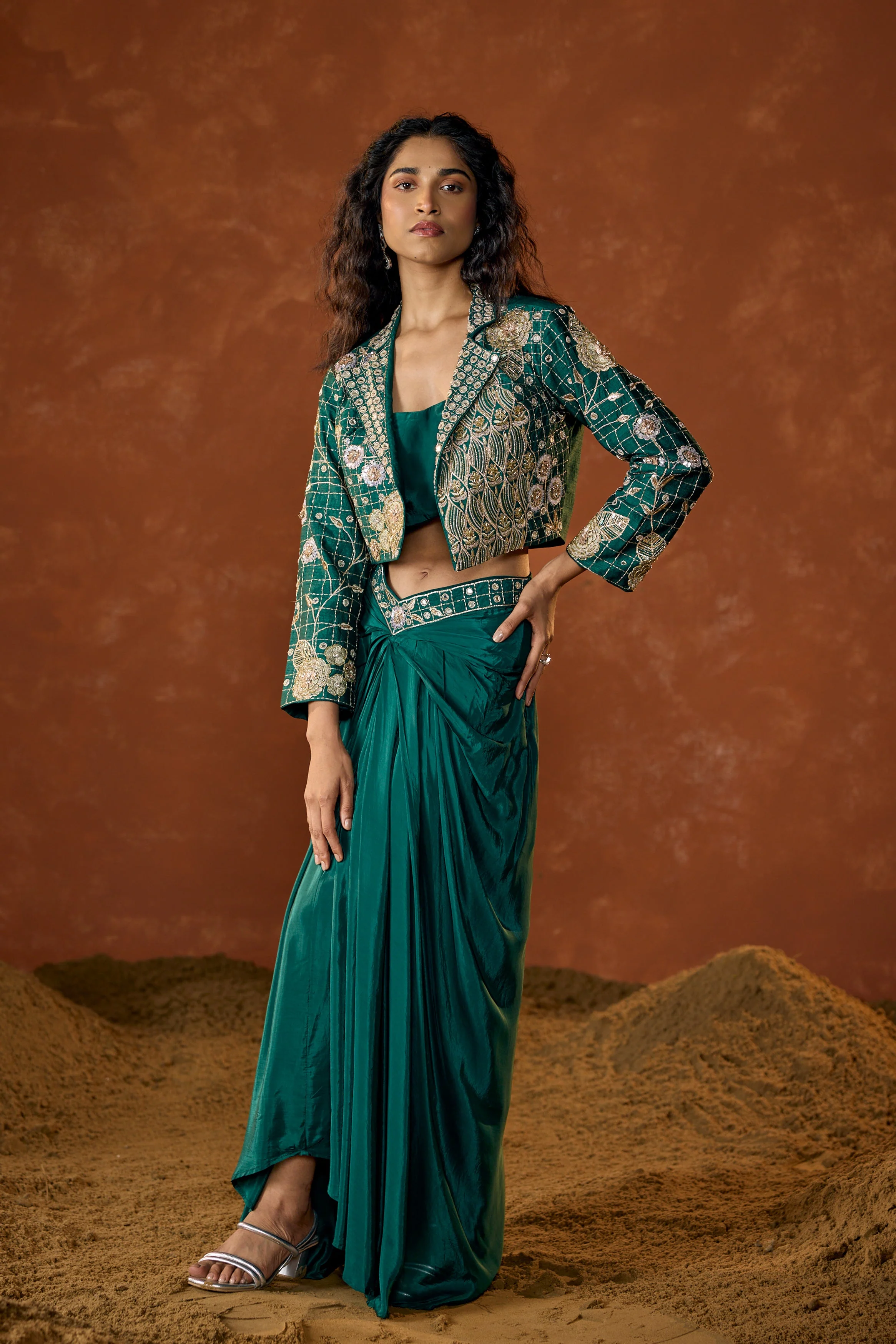 Emerald Green Embellished Satin Silk Skirt Set - Image 4