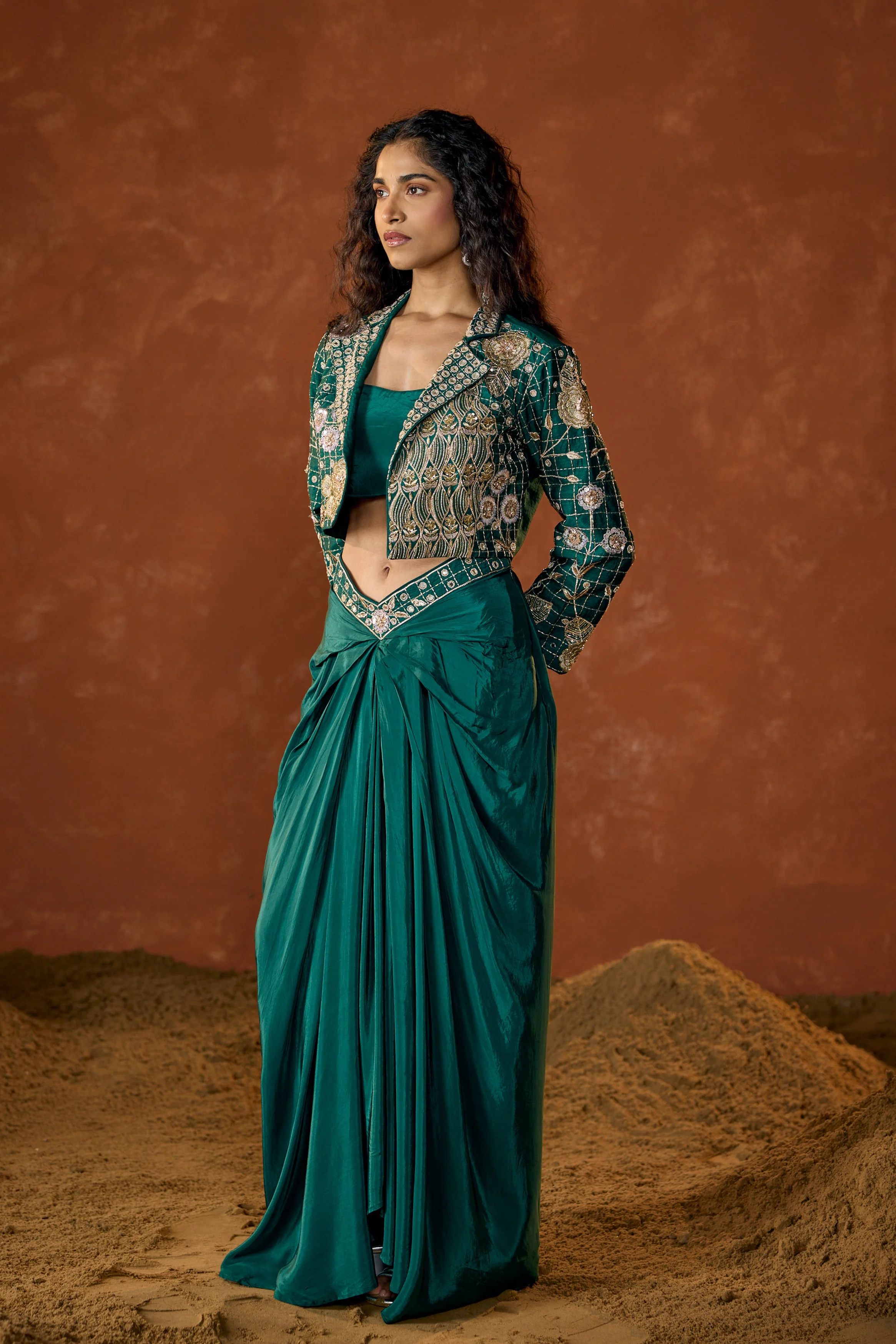 Emerald Green Embellished Satin Silk Skirt Set - Image 5
