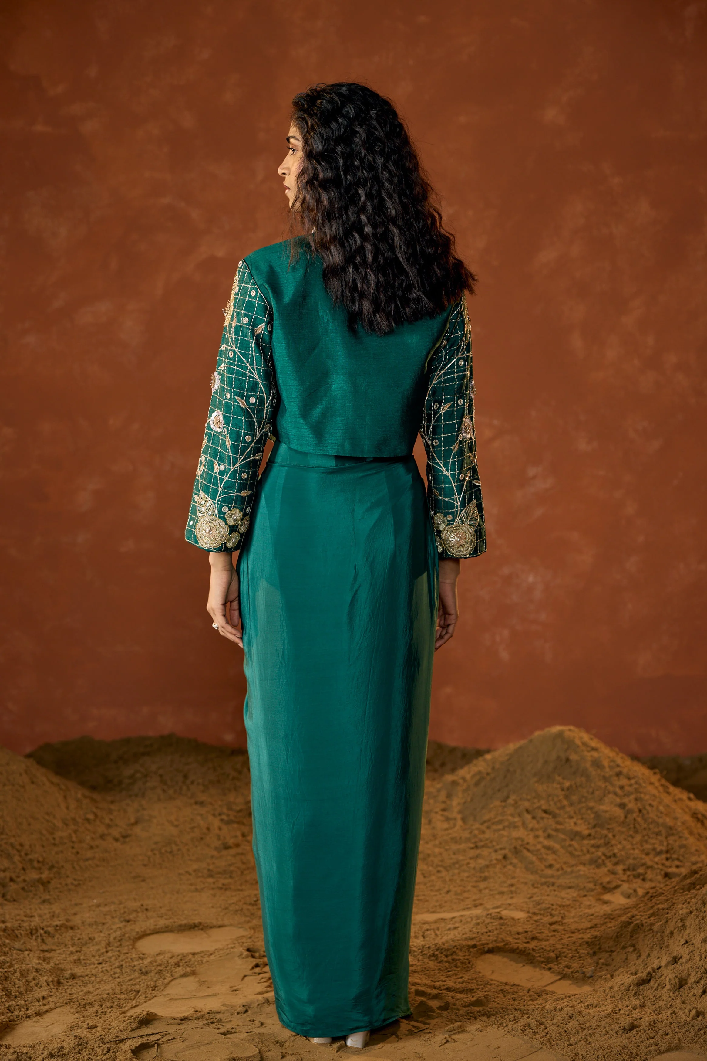 Emerald Green Embellished Satin Silk Skirt Set - Image 6